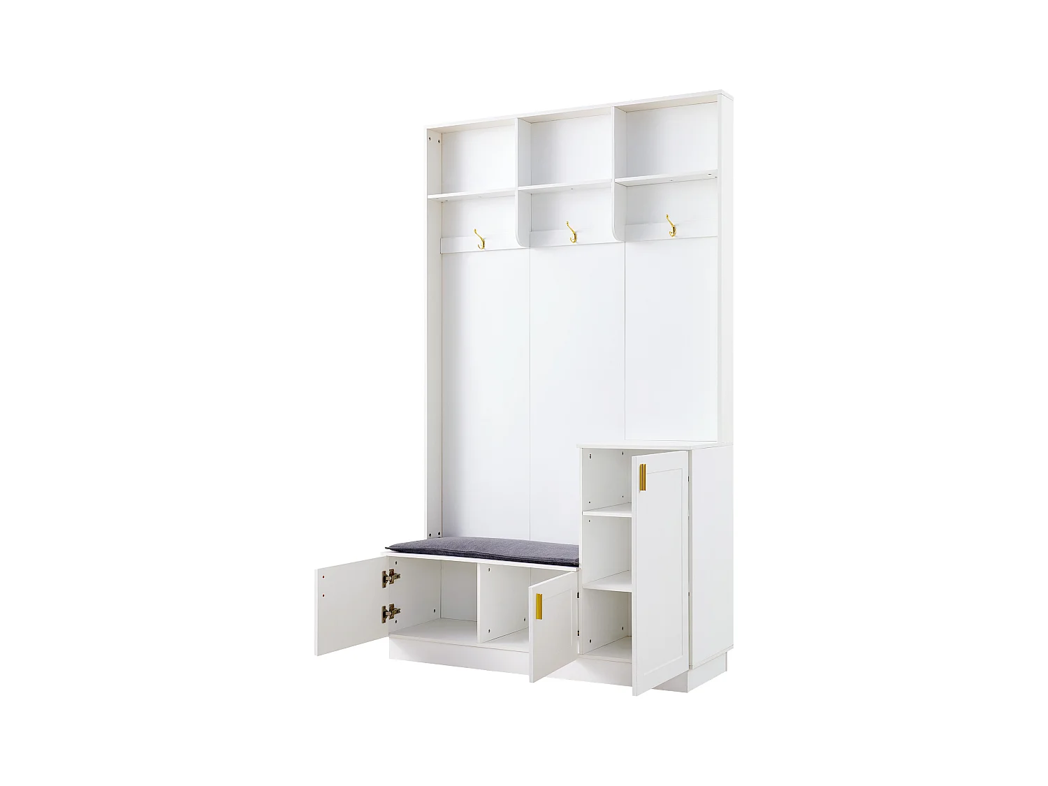 Vestiaire blanc avec 3 portes, 3 crochets et rangement ouvert, 120x40x200 cm