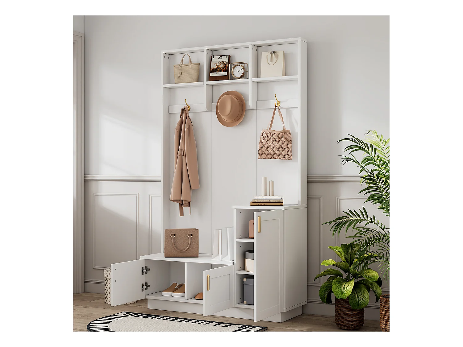 Vestiaire blanc avec 3 portes, 3 crochets et rangement ouvert, 120x40x200 cm