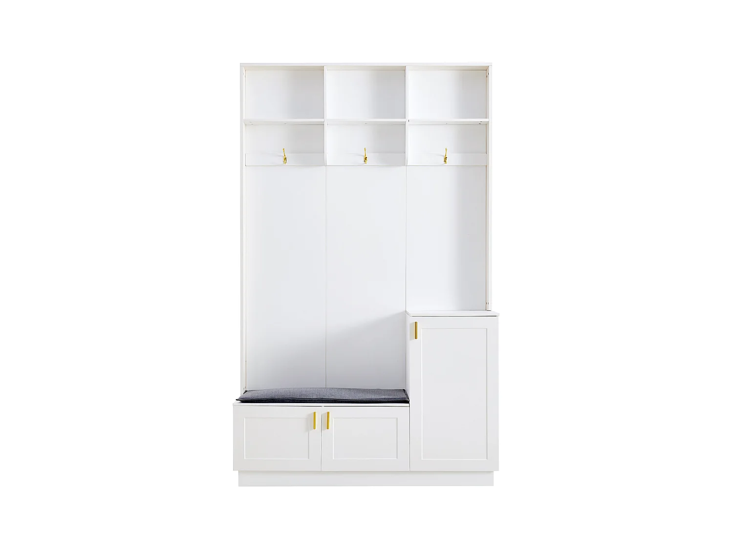 Vestiaire blanc avec 3 portes, 3 crochets et rangement ouvert, 120x40x200 cm