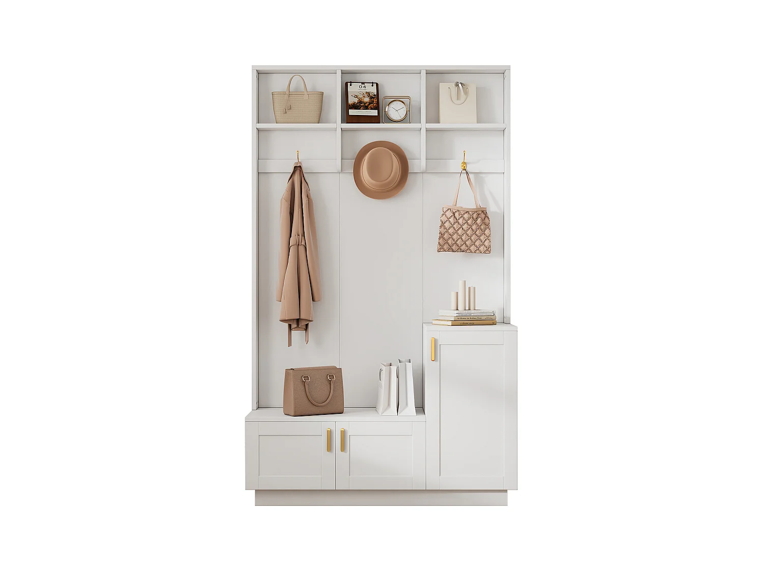 Vestiaire blanc avec 3 portes, 3 crochets et rangement ouvert, 120x40x200 cm