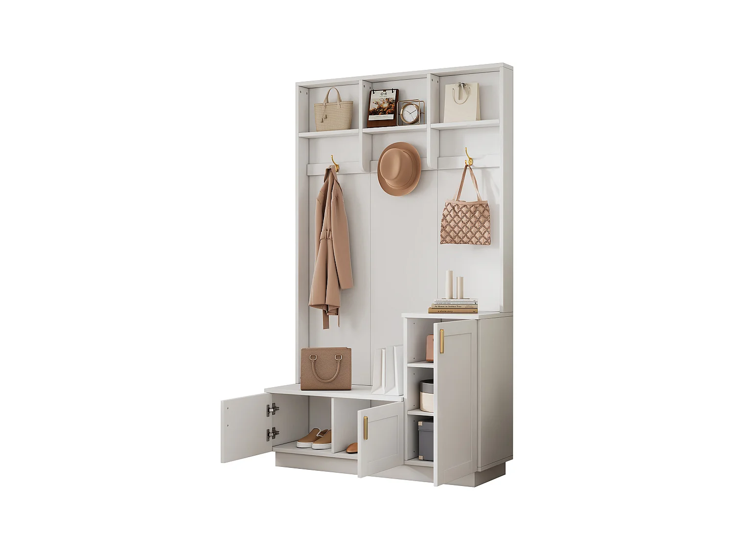 Vestiaire blanc avec 3 portes, 3 crochets et rangement ouvert, 120x40x200 cm
