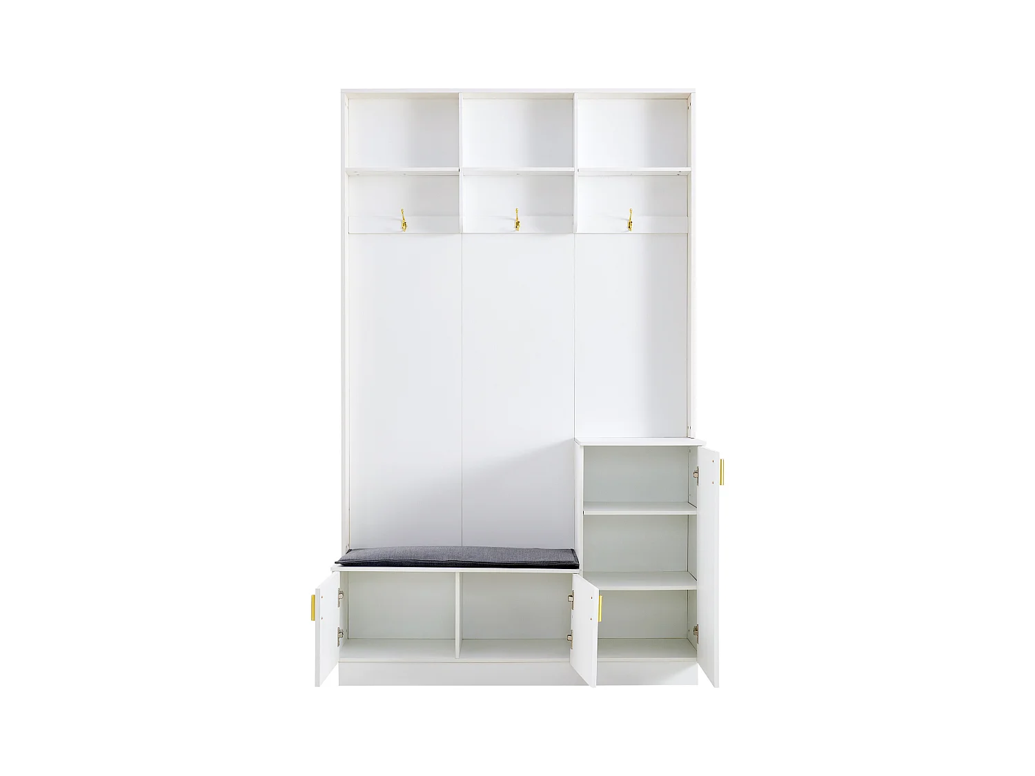 Vestiaire blanc avec 3 portes, 3 crochets et rangement ouvert, 120x40x200 cm