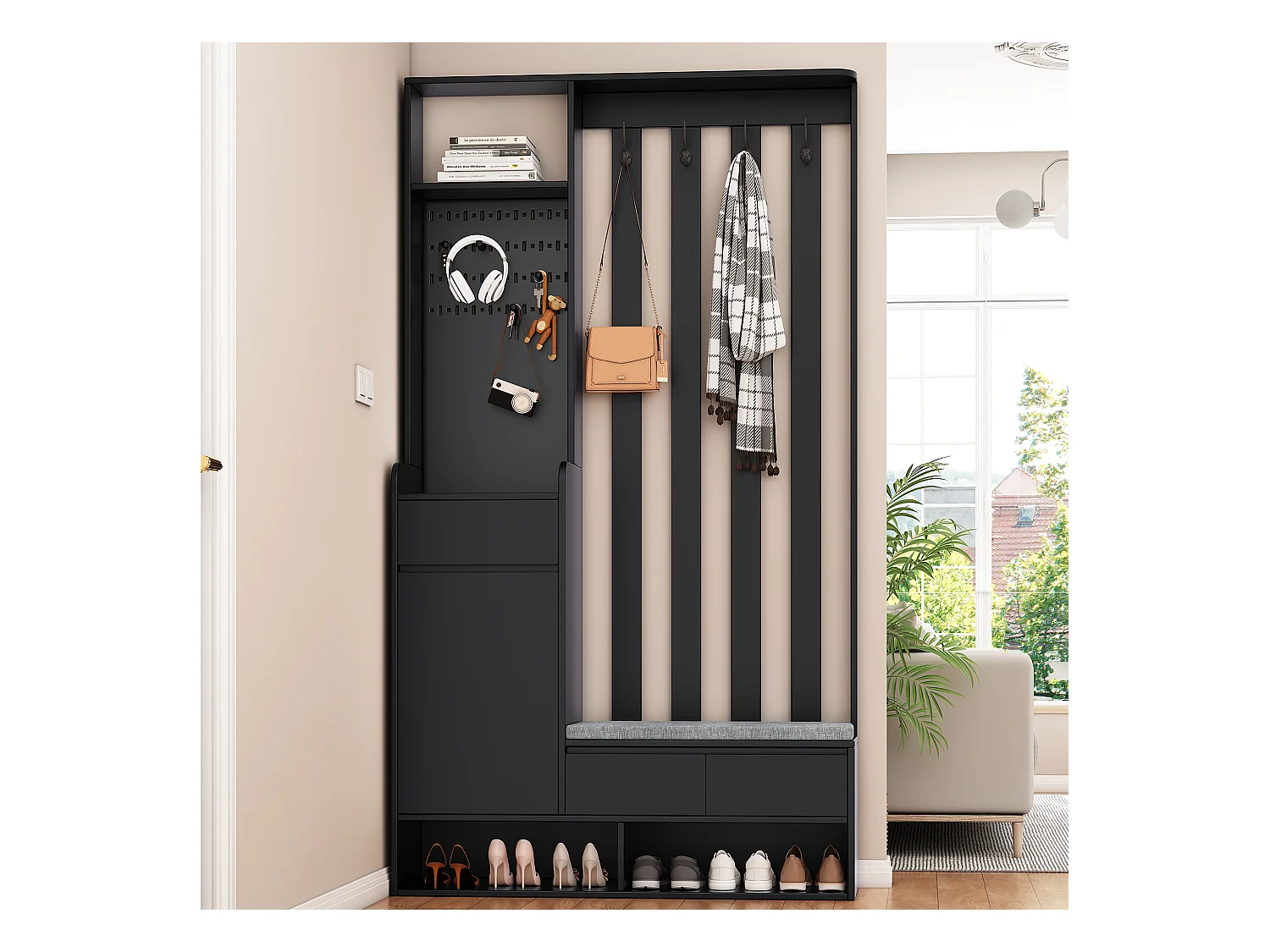 Vestiaire noir avec 3 tiroirs, 1 porte, 4 crochets et panneau perforé, 100 x 35 x 180 cm