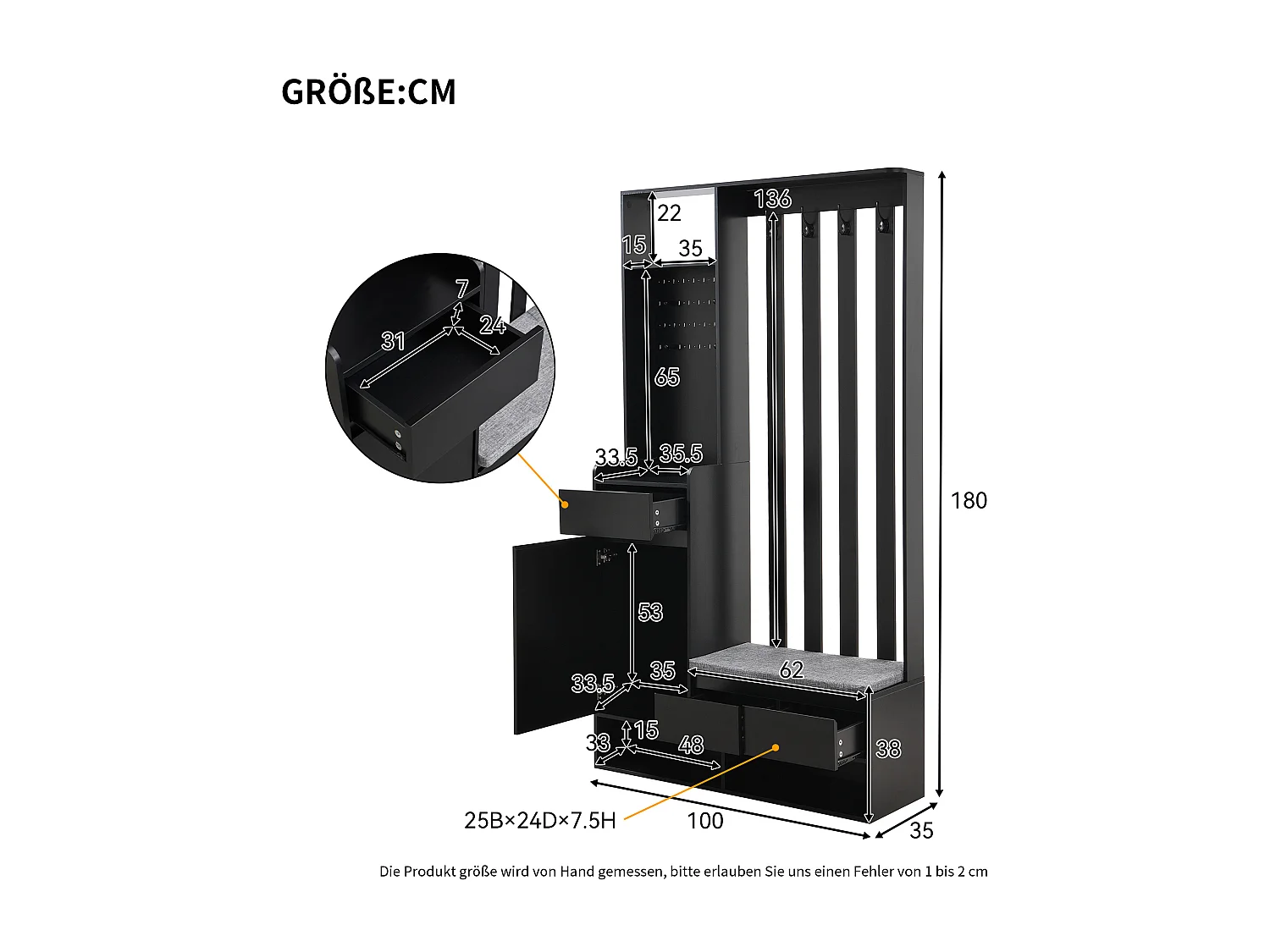 Vestiaire noir avec 3 tiroirs, 1 porte, 4 crochets et panneau perforé, 100 x 35 x 180 cm