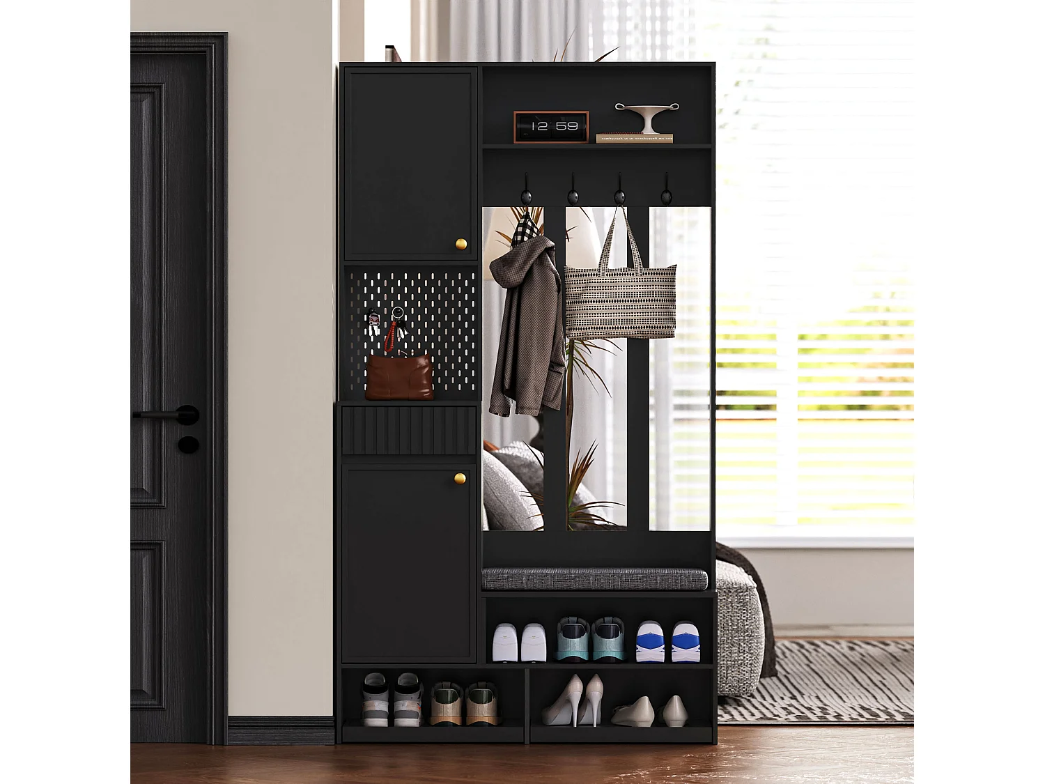 Armario negro con 2 puertas, 1 cajón, 4 ganchos y 1 banco, 100x30x180cm