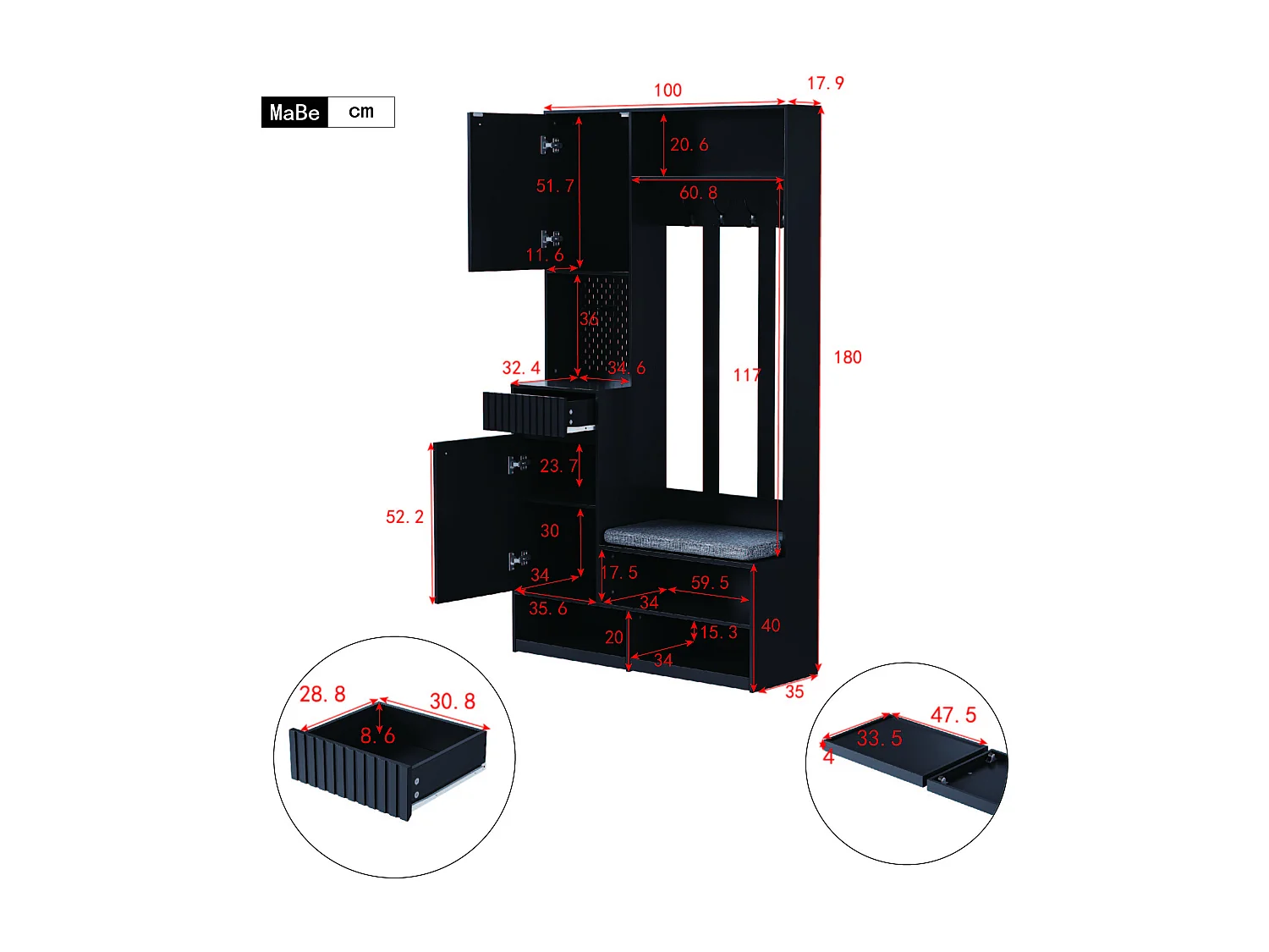 Armario negro con 2 puertas, 1 cajón, 4 ganchos y 1 banco, 100x30x180cm