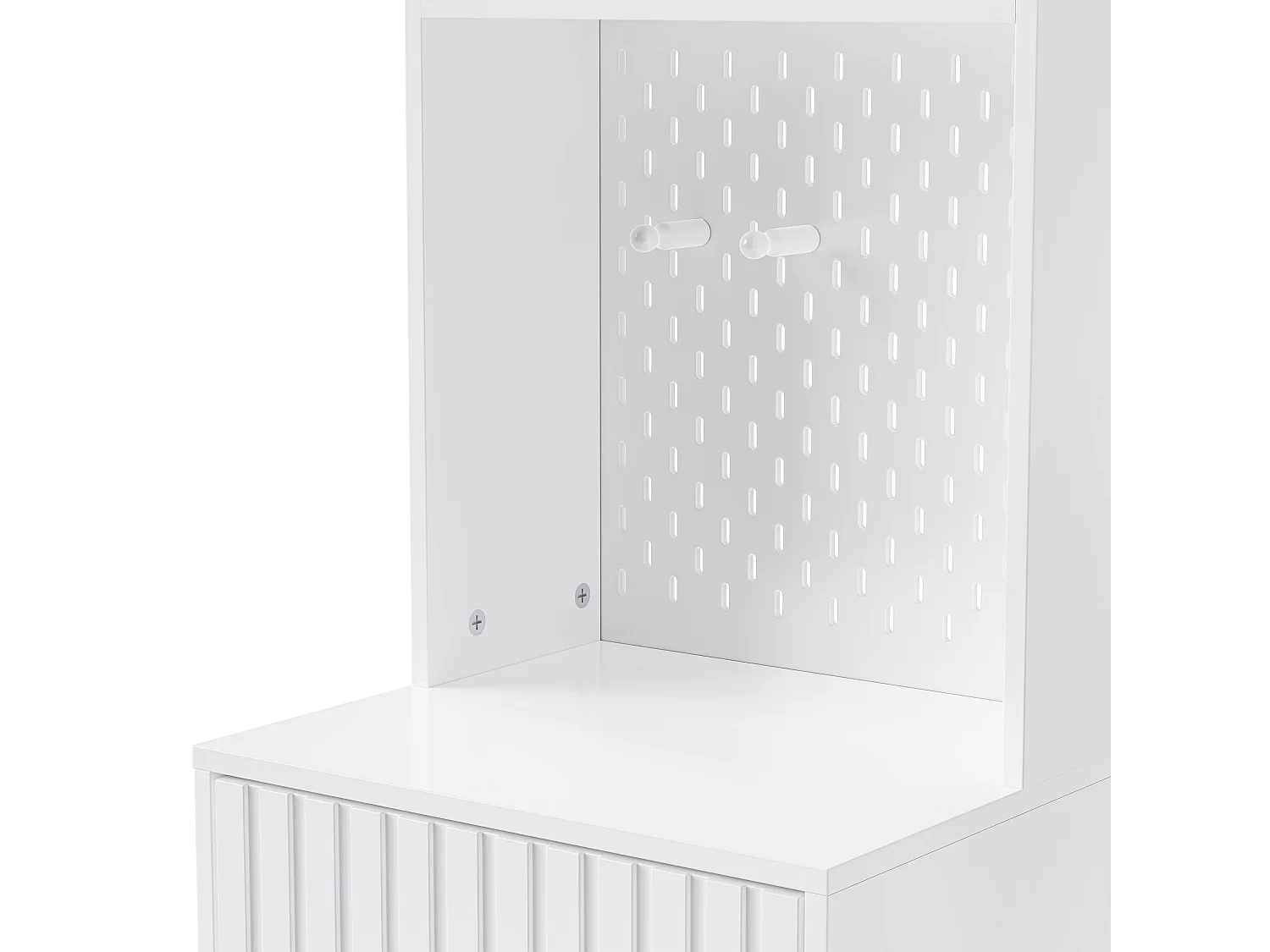 Armadio bianco con 2 ante, 1 cassetto, 4 ganci e 1 panca, 100x30x180cm