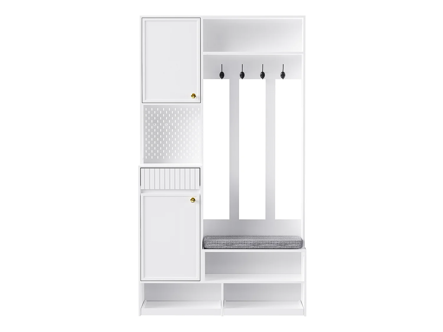 Vestiaire blanc avec 2 portes, 1 tiroir, 4 crochets et 1 banc, 100x30x180cm