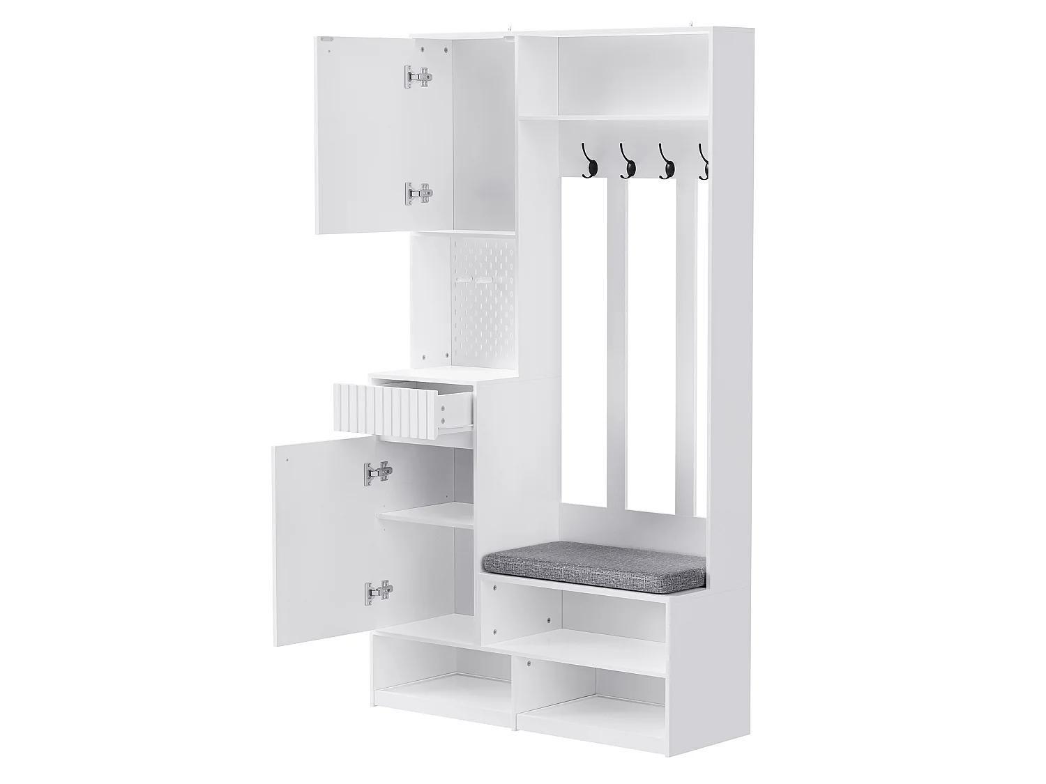 Vestiaire blanc avec 2 portes, 1 tiroir, 4 crochets et 1 banc, 100x30x180cm