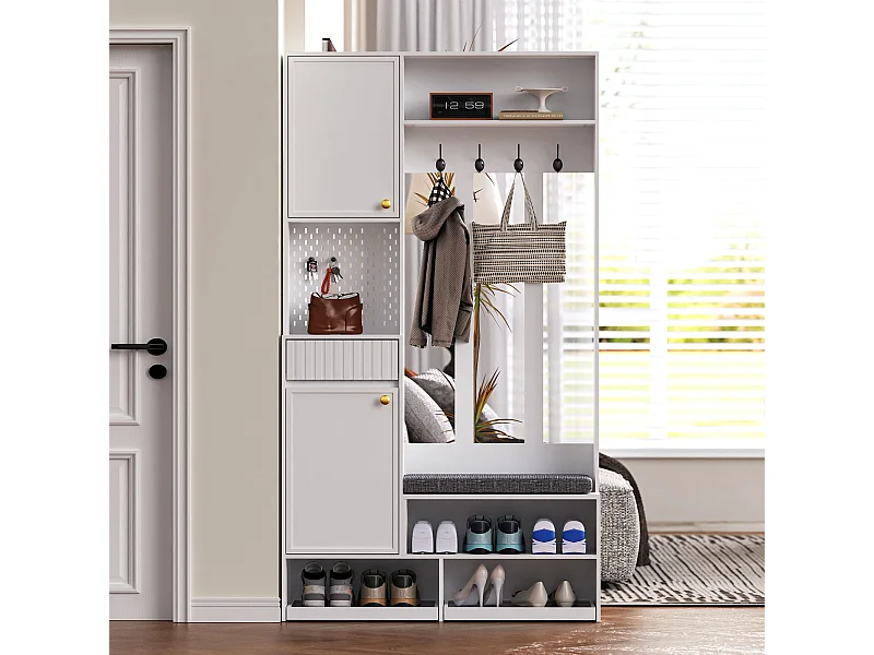 Armadio bianco con 2 ante, 1 cassetto, 4 ganci e 1 panca, 100x30x180cm