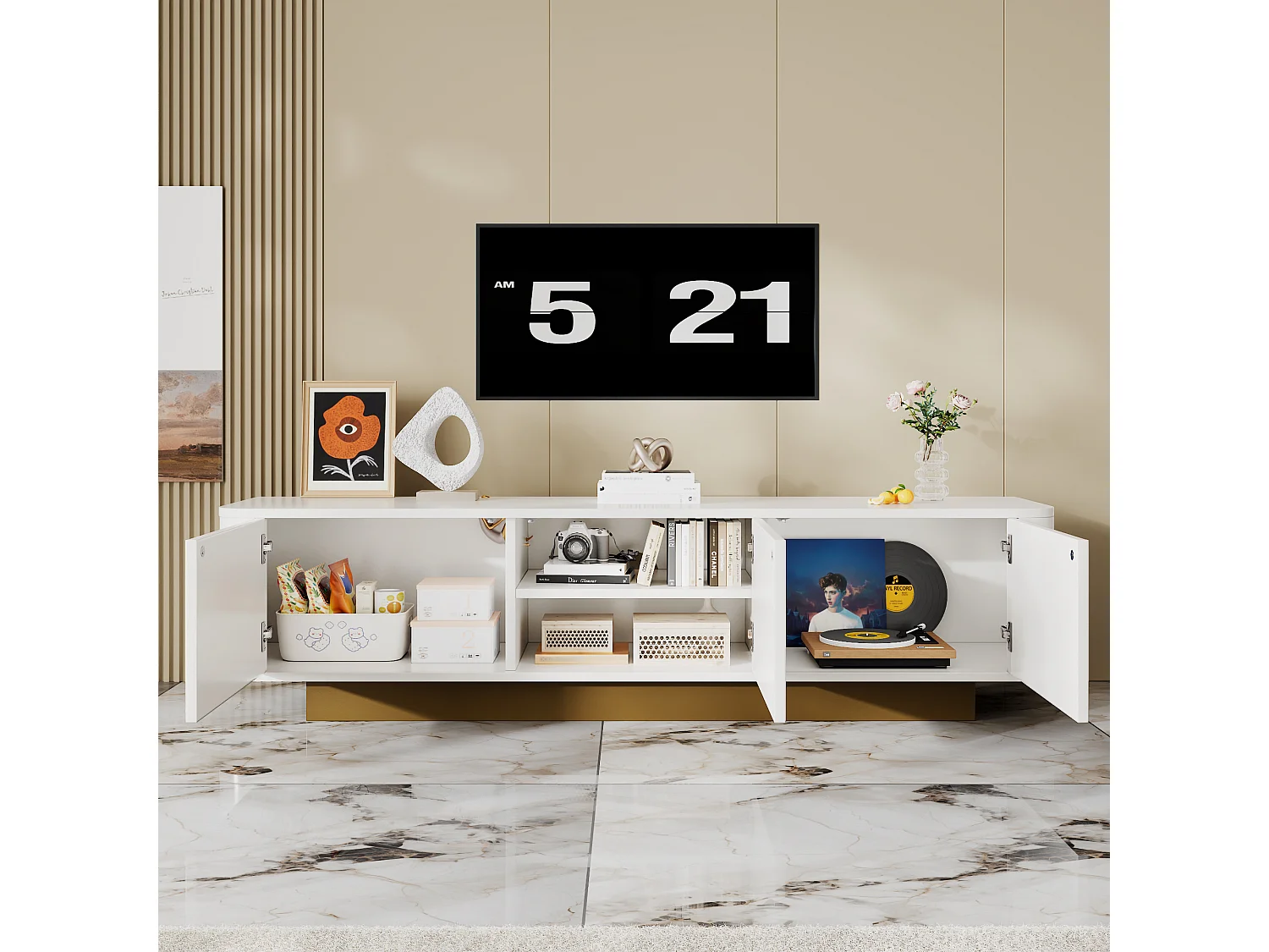 Meuble TV blanc texturé avec 3 portes, design rond, 170x40x47cm