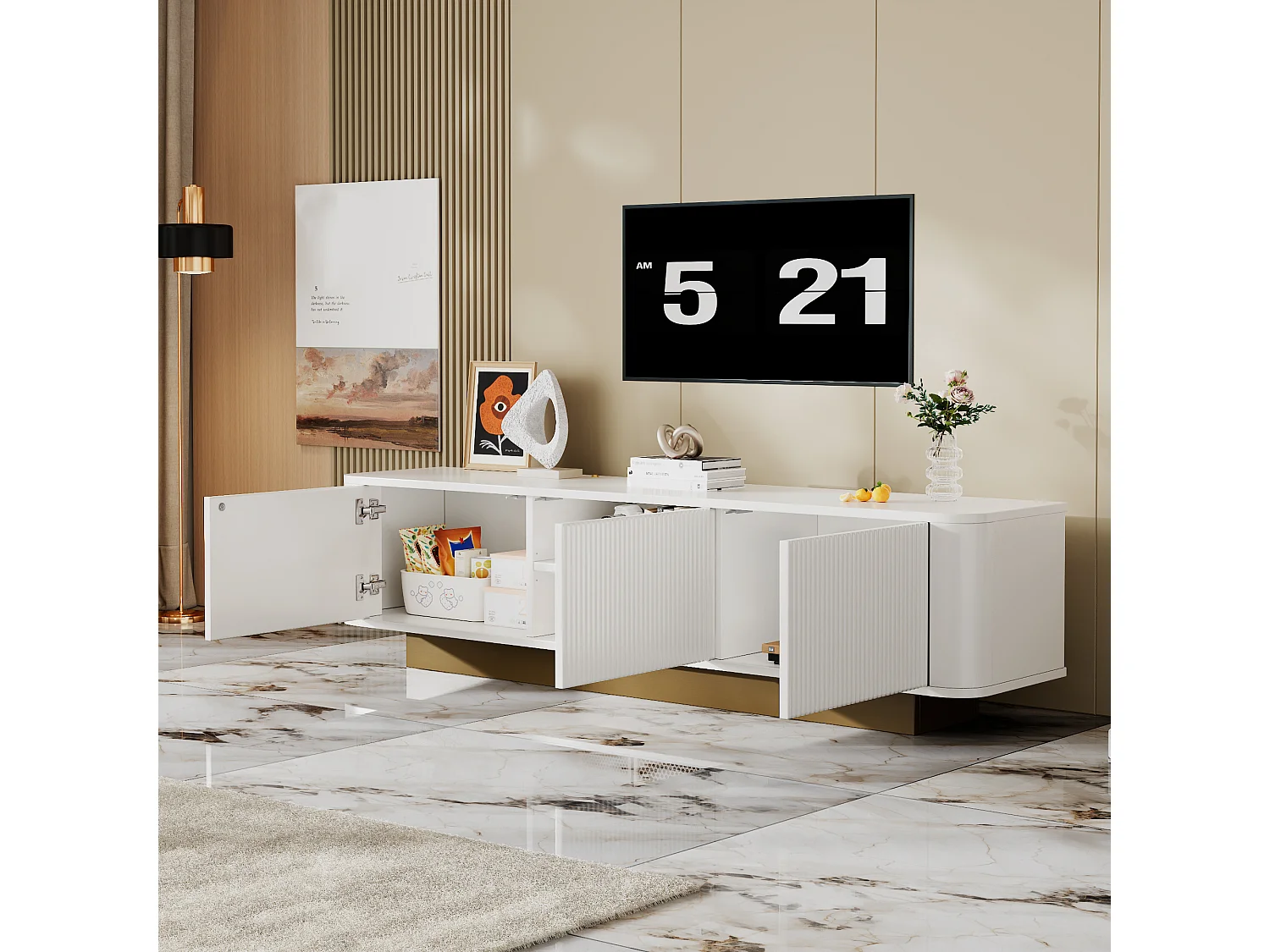 Meuble TV blanc texturé avec 3 portes, design rond, 170x40x47cm