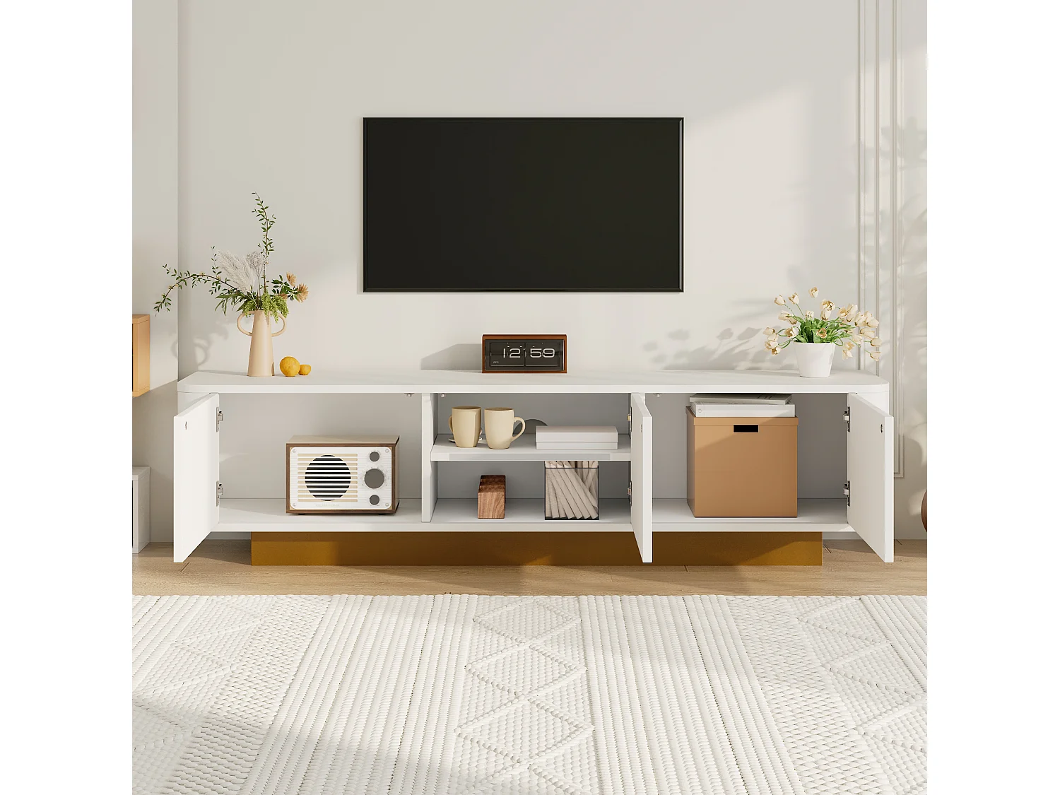 Meuble TV blanc texturé avec 3 portes, design rond, 170x40x47cm