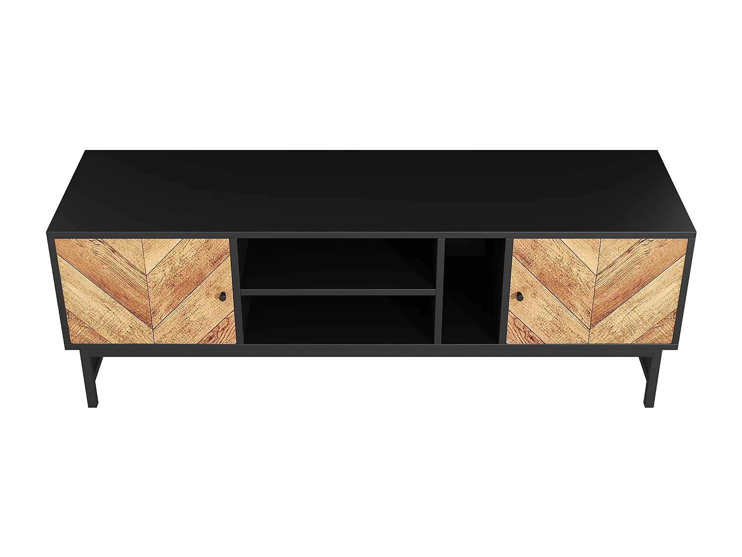 Banc TV noir et naturel avec 2 portes, pieds en métal, portes effet bois, 150 x 38 x 55 cm