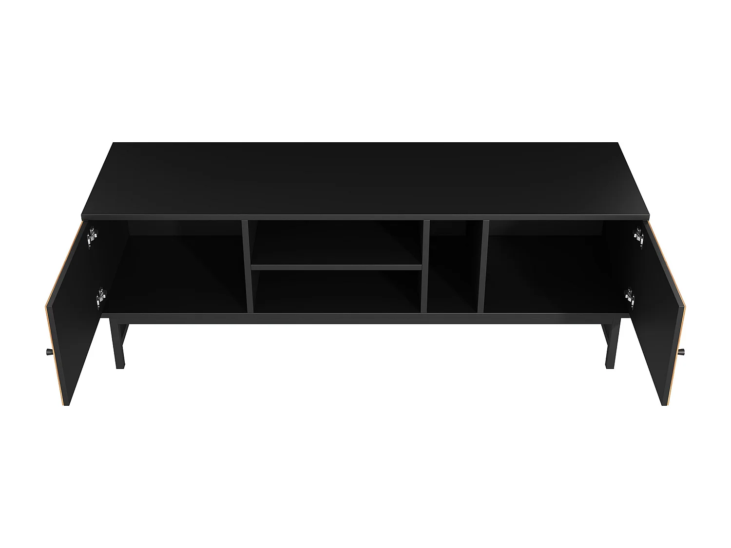 Banc TV noir et naturel avec 2 portes, pieds en métal, portes effet bois, 150 x 38 x 55 cm