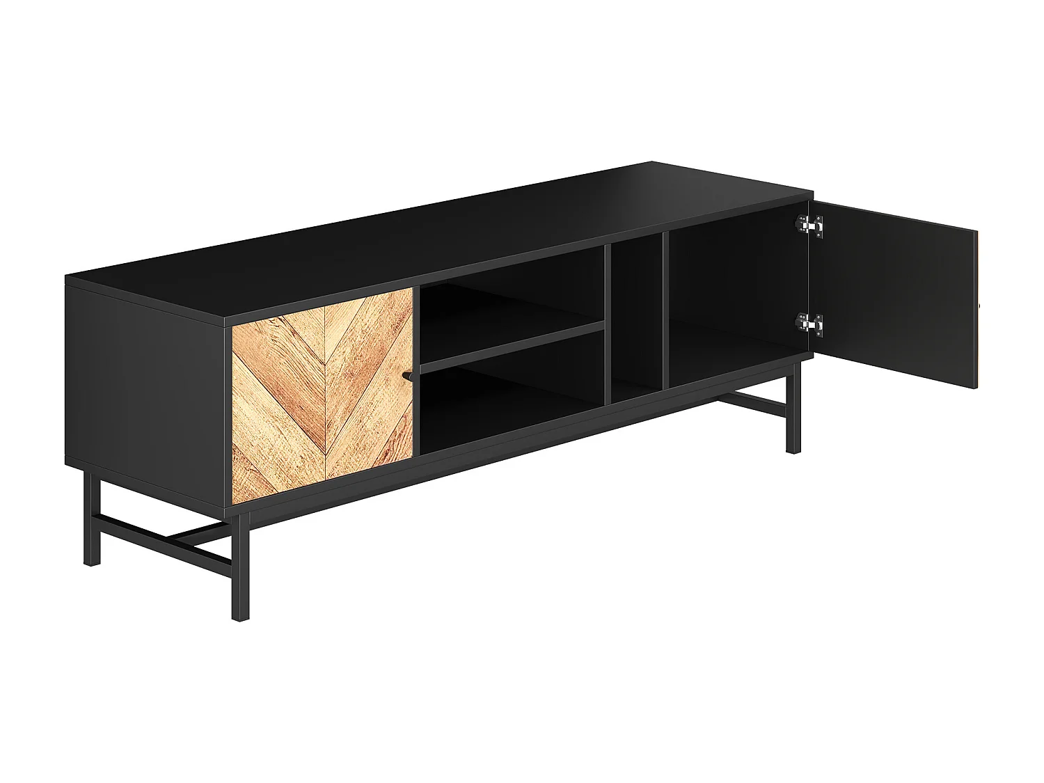 Banc TV noir et naturel avec 2 portes, pieds en métal, portes effet bois, 150 x 38 x 55 cm
