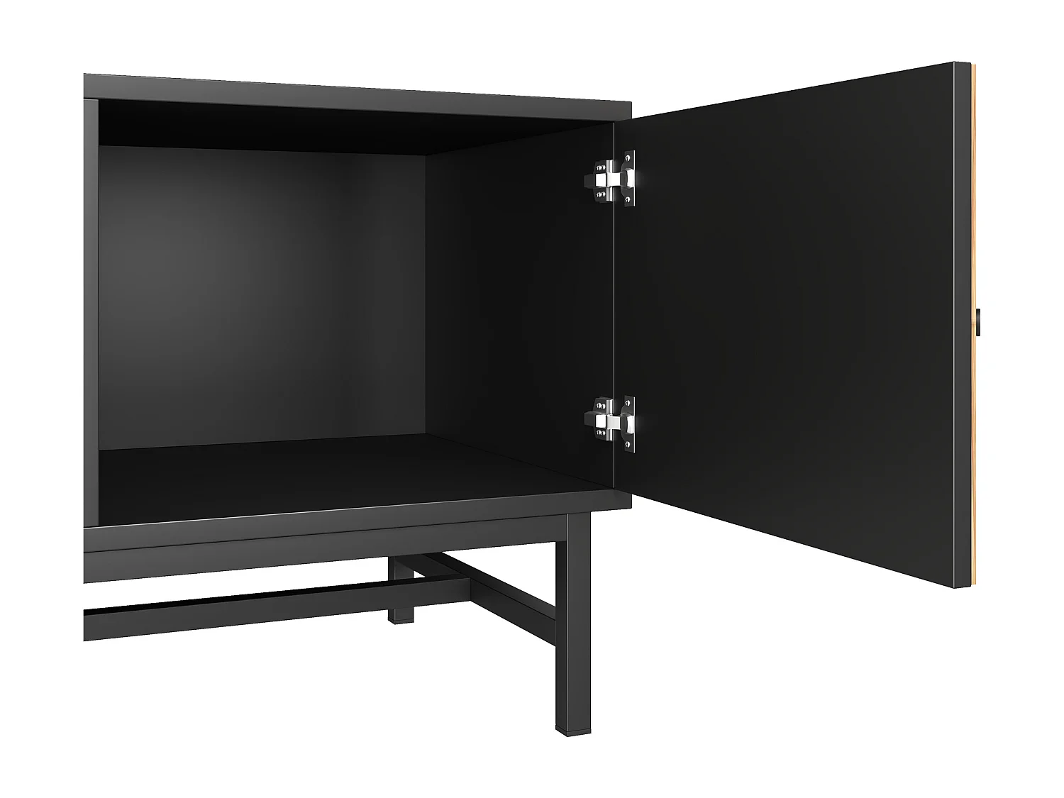 Banc TV noir et naturel avec 2 portes, pieds en métal, portes effet bois, 150 x 38 x 55 cm