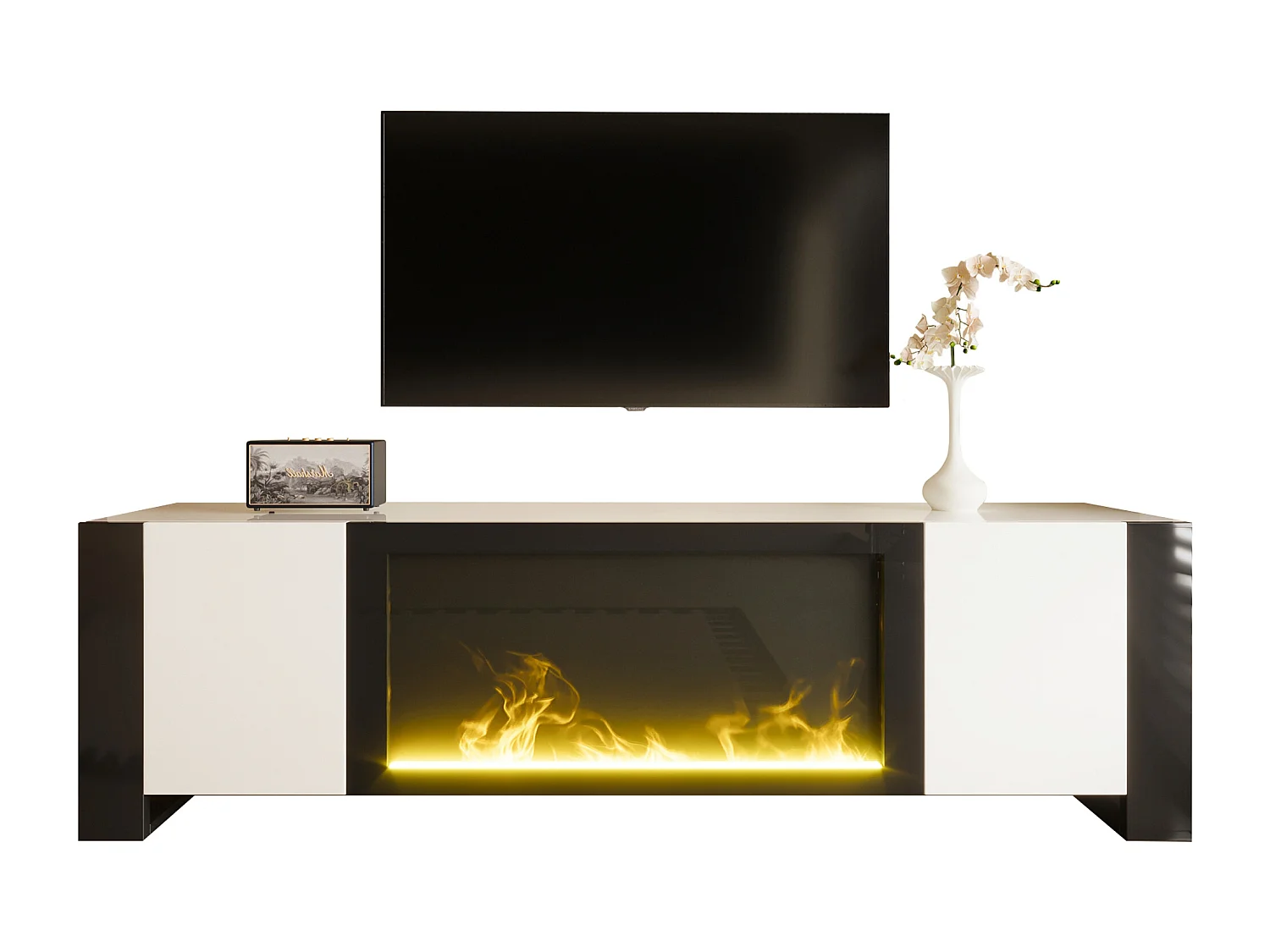 Meuble TV blanc et noir avec 2 portes, effet flamme, 165x55x32 cm