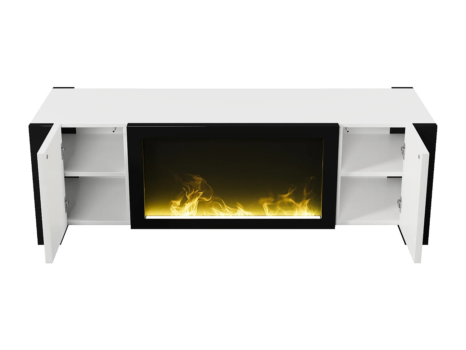 Meuble TV blanc et noir avec 2 portes, effet flamme, 165x55x32 cm