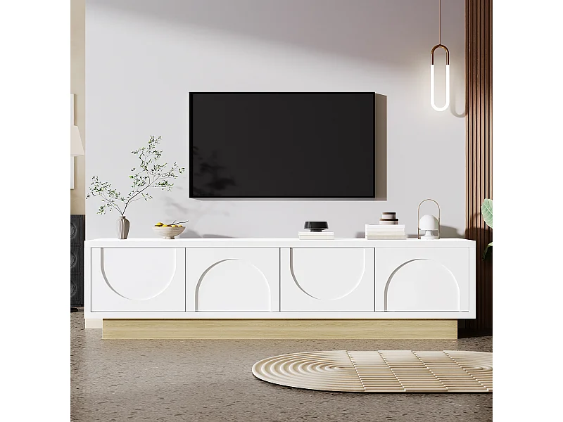 Meuble TV en bois blanc grainé avec 4 portes, design incurvé, 175x40x42cm