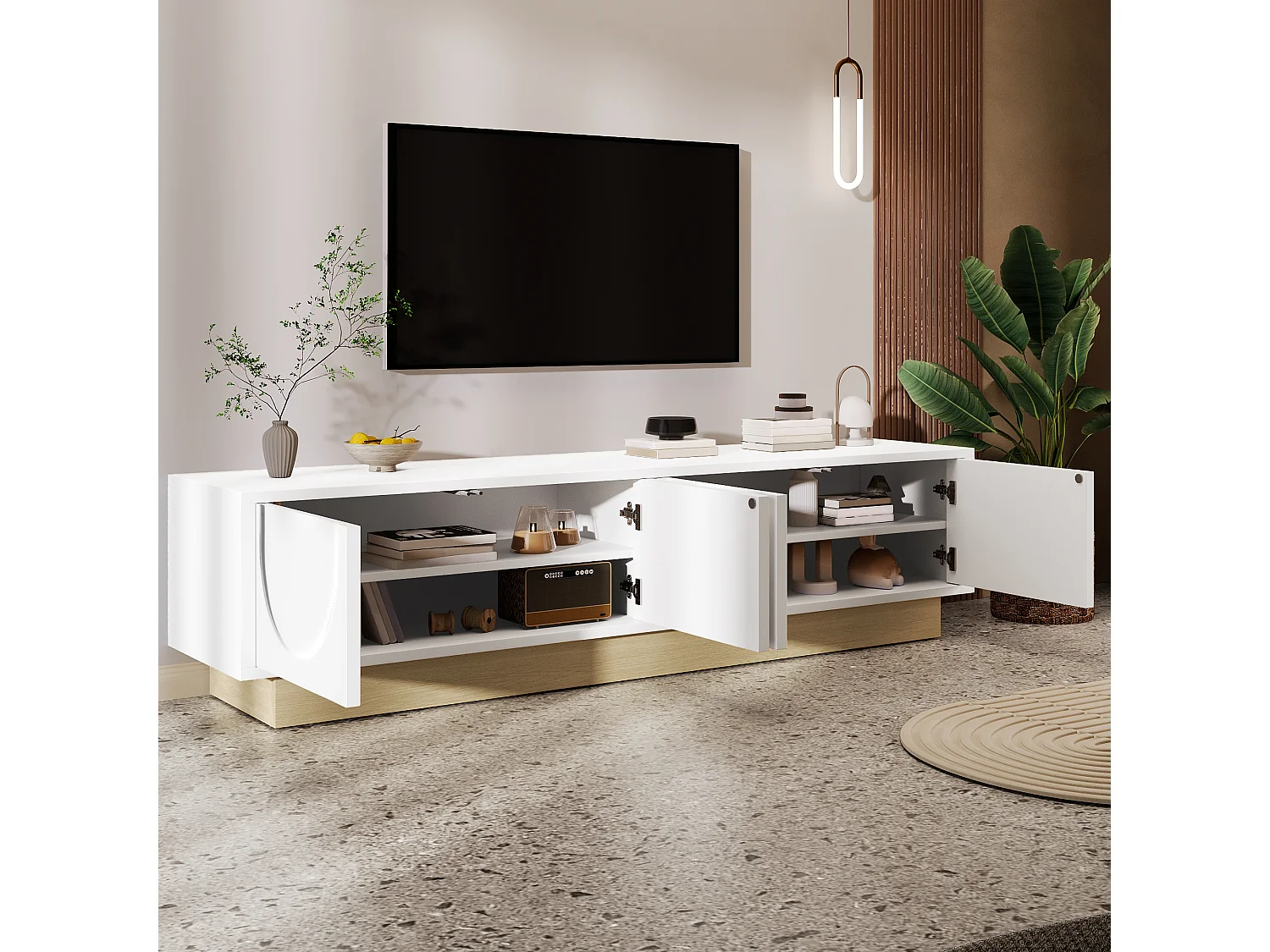 Meuble TV en bois blanc grainé avec 4 portes, design incurvé, 175x40x42cm