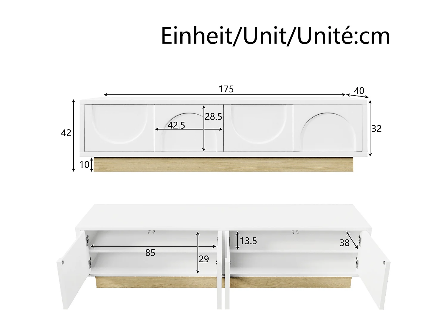 Meuble TV en bois blanc grainé avec 4 portes, design incurvé, 175x40x42cm