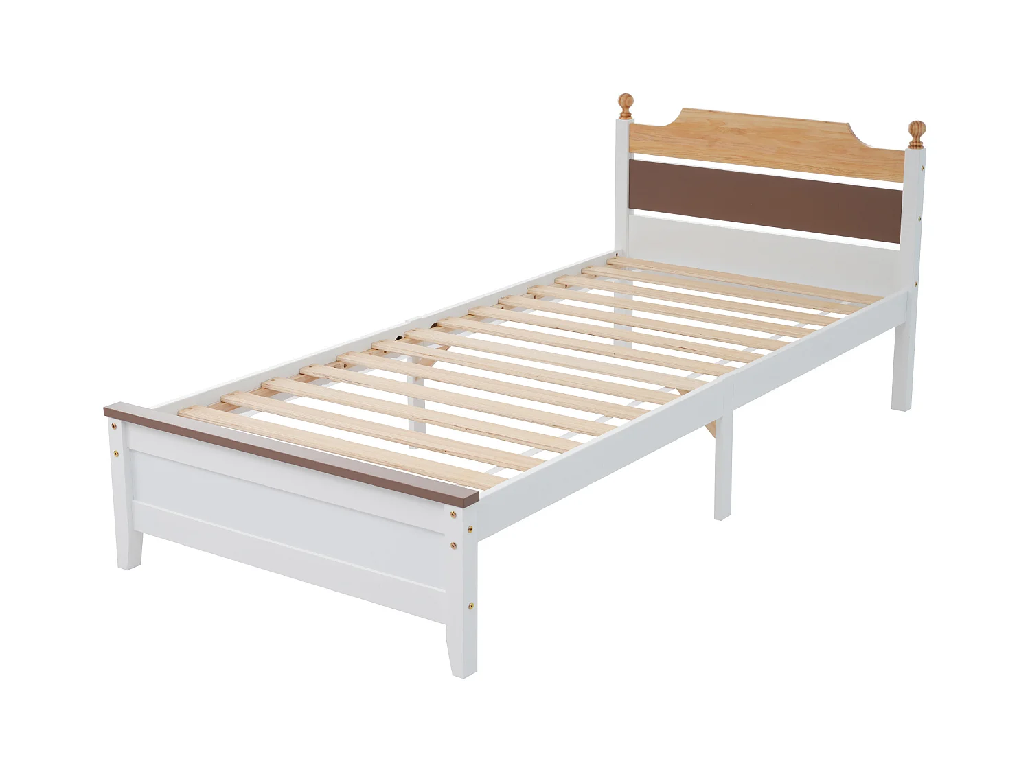 Cadre de lit simple 90x200 cm avec tête et pied de lit en MDF, blanc et bois, sans matelas