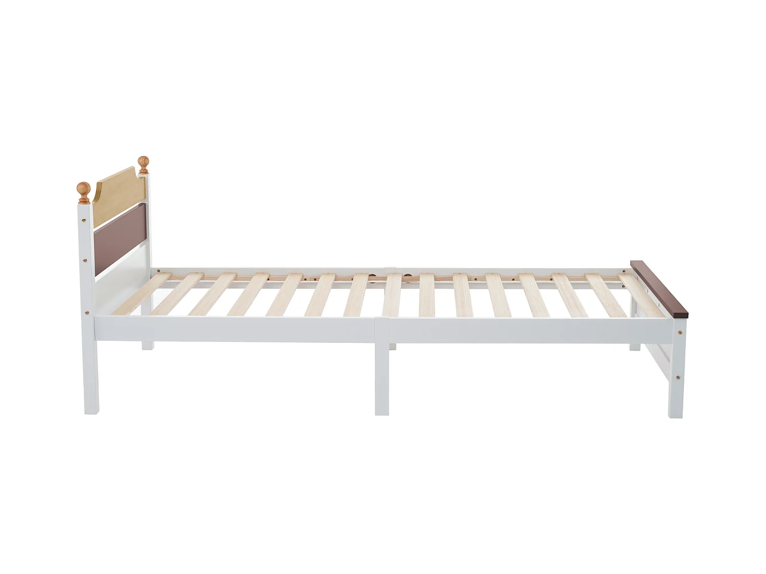Cadre de lit simple 90x200 cm avec tête et pied de lit en MDF, blanc et bois, sans matelas