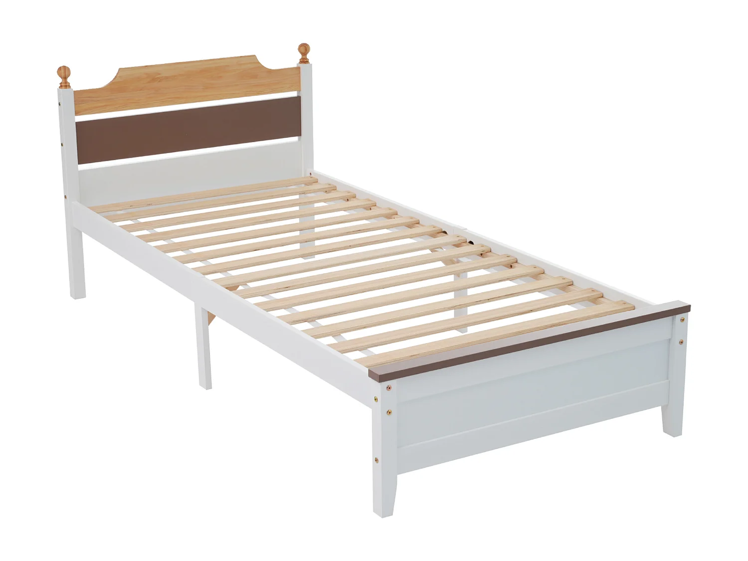 Cadre de lit simple 90x200 cm avec tête et pied de lit en MDF, blanc et bois, sans matelas