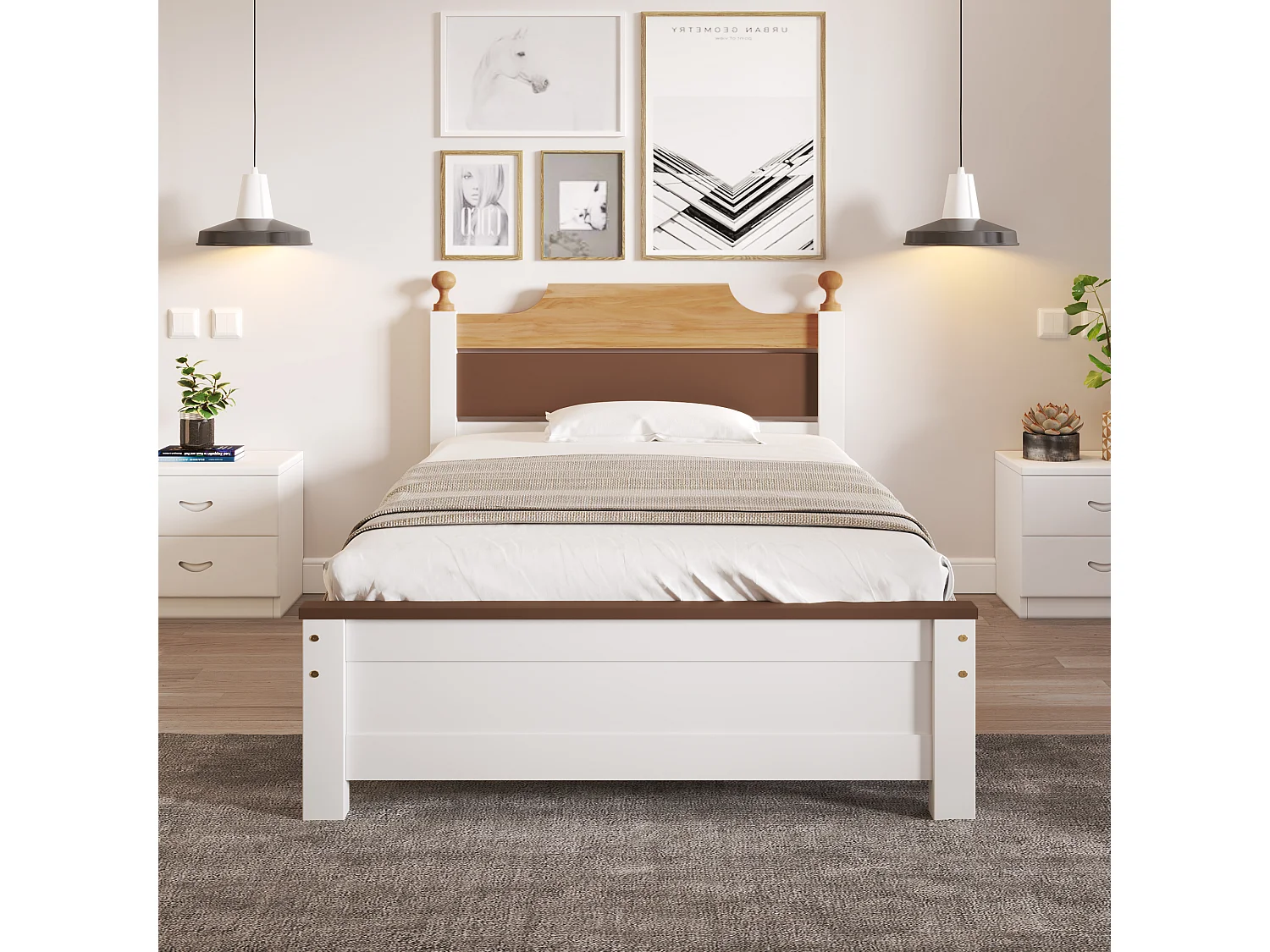 Cadre de lit simple 90x200 cm avec tête et pied de lit en MDF, blanc et bois, sans matelas