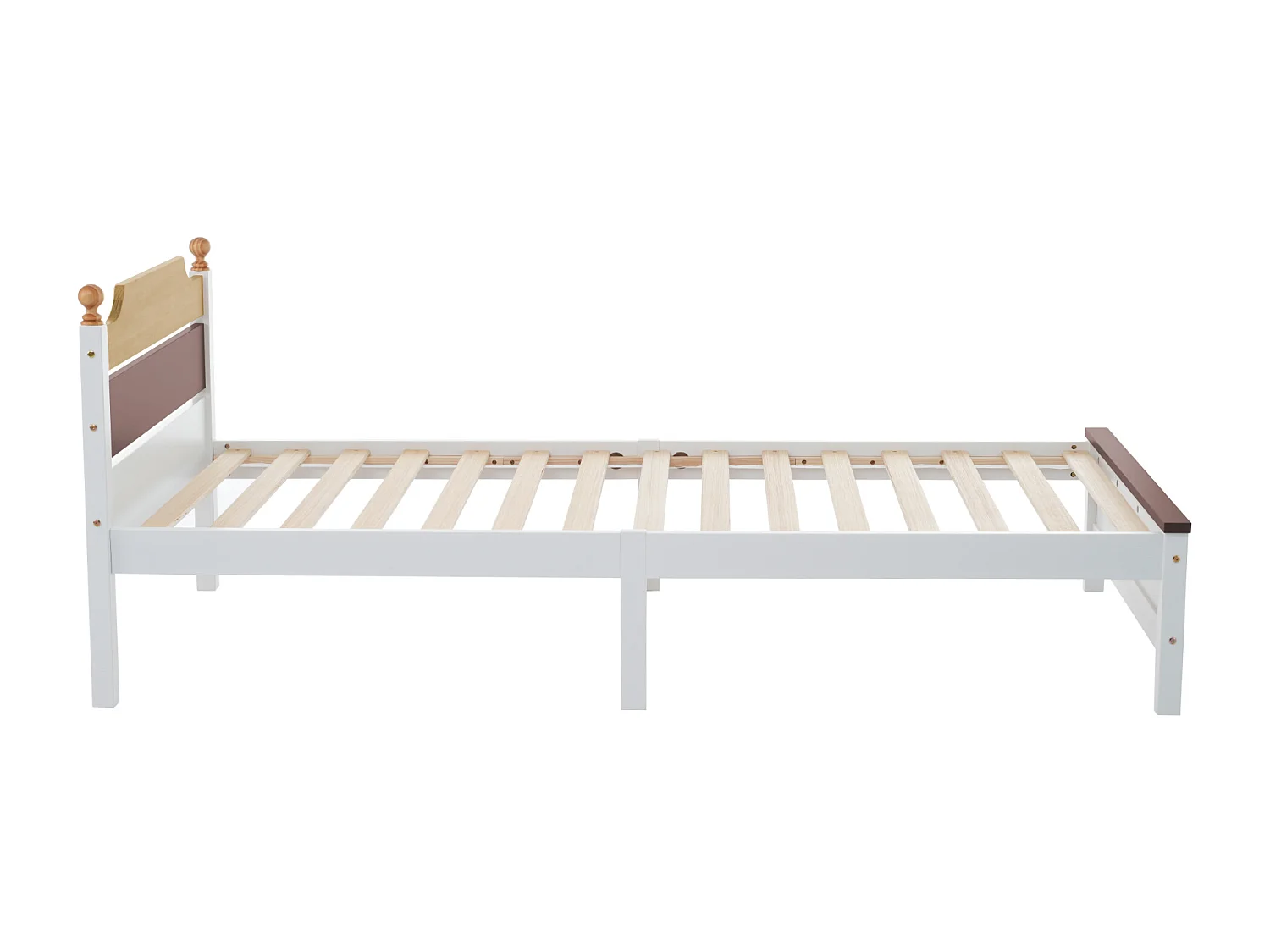 Cadre de lit simple 90x200 cm avec tête et pied de lit en MDF, blanc et bois, sans matelas