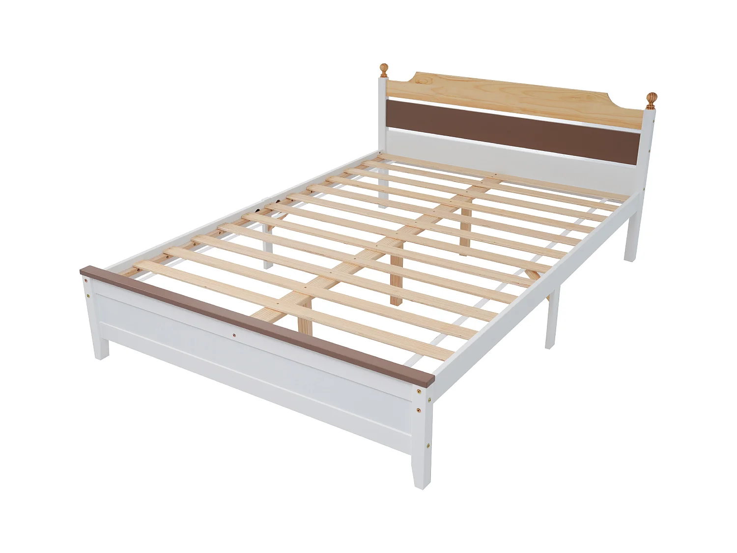 Cadre de lit double 140x200 cm avec tête et pied de lit en MDF, blanc et bois, sans matelas