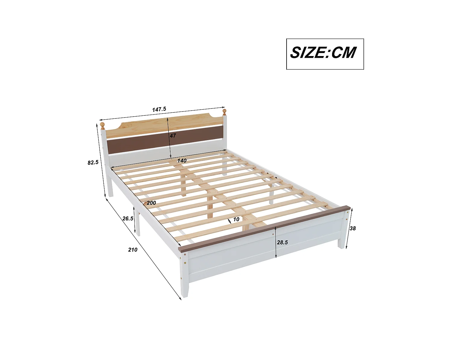 Cadre de lit double 140x200 cm avec tête et pied de lit en MDF, blanc et bois, sans matelas