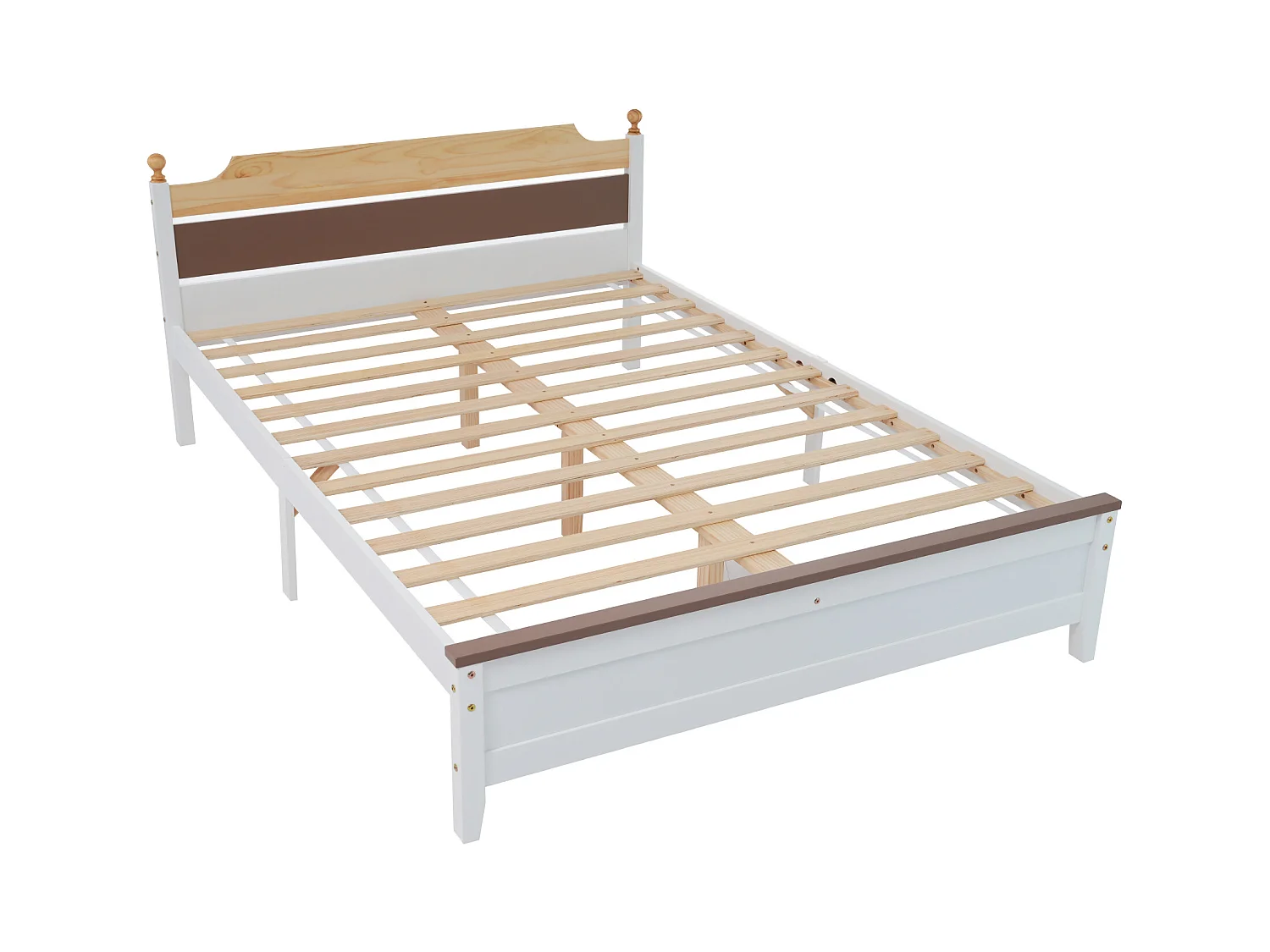 Cadre de lit double 140x200 cm avec tête et pied de lit en MDF, blanc et bois, sans matelas