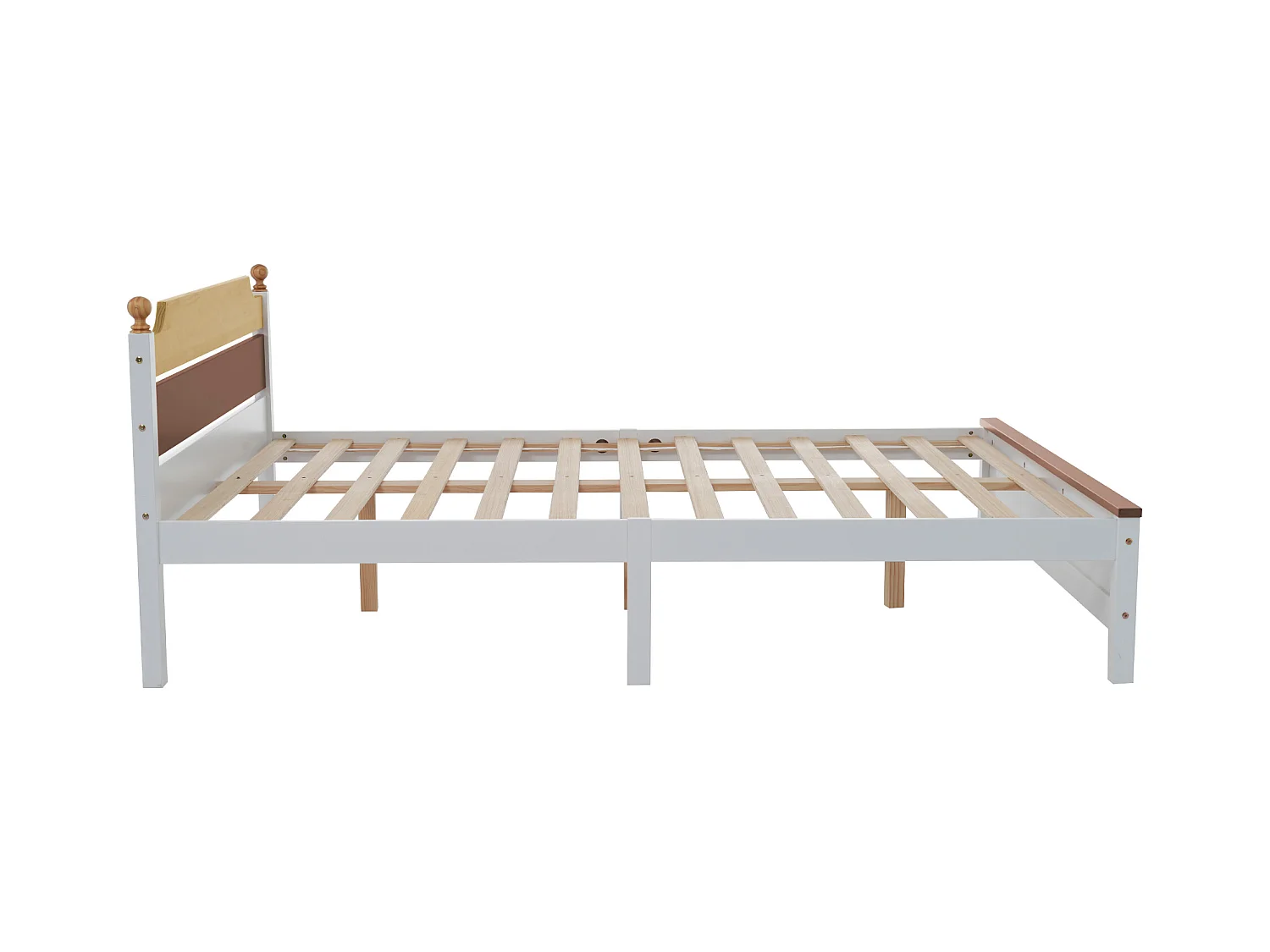 Cadre de lit double 140x200 cm avec tête et pied de lit en MDF, blanc et bois, sans matelas
