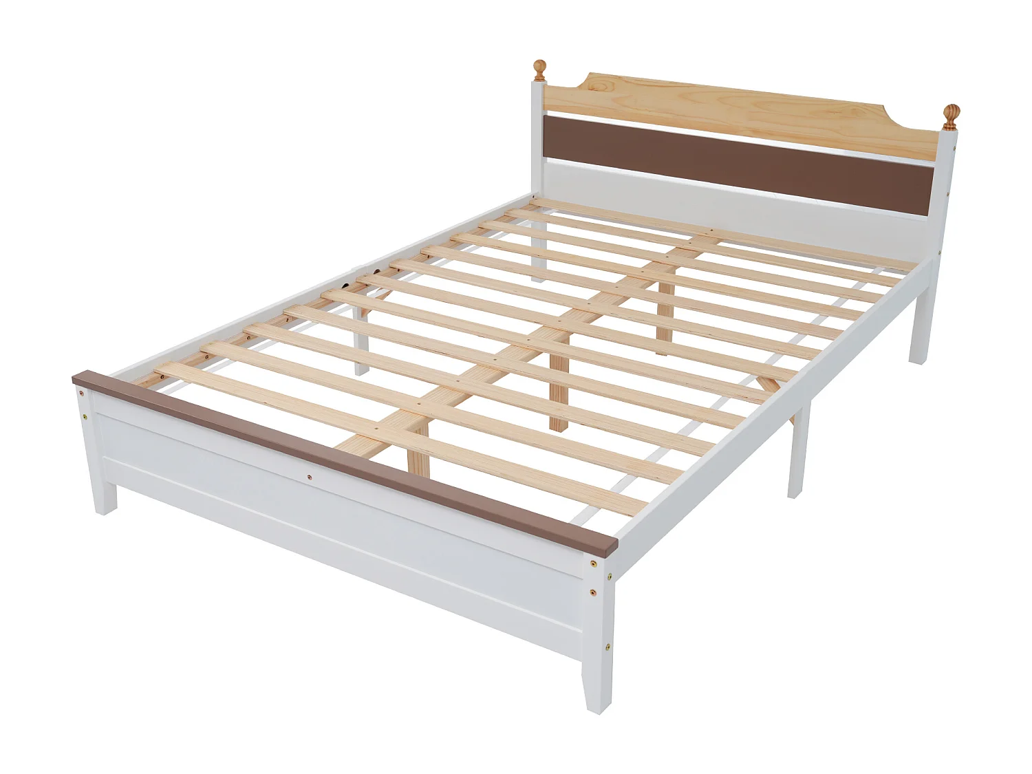 Cadre de lit double 140x200 cm avec tête et pied de lit en MDF, blanc et bois, sans matelas