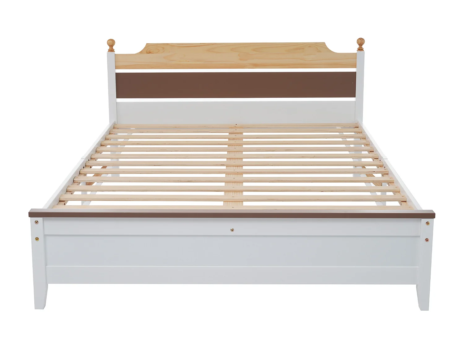 Cadre de lit double 140x200 cm avec tête et pied de lit en MDF, blanc et bois, sans matelas