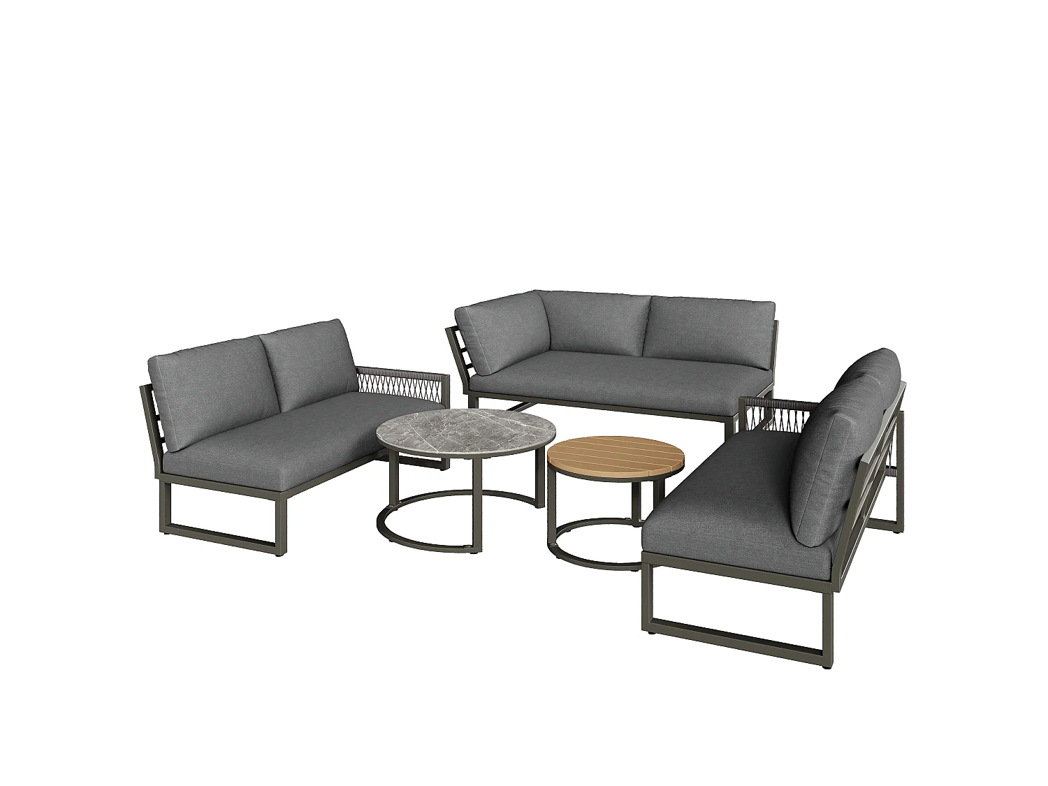 Salon de jardin moderne avec 3 canapés et 2 tables basses, gris
