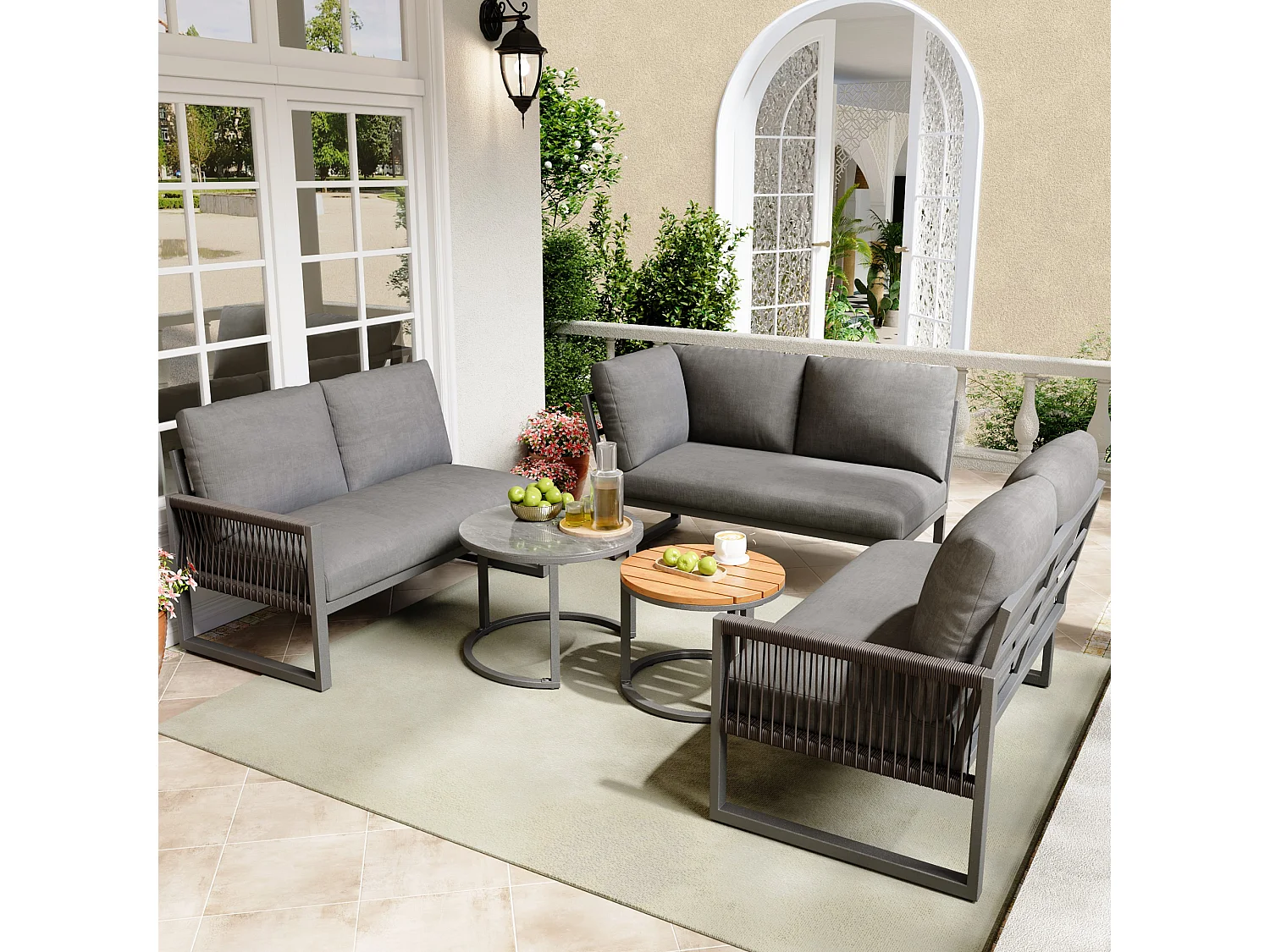 Salon de jardin moderne avec 3 canapés et 2 tables basses, gris