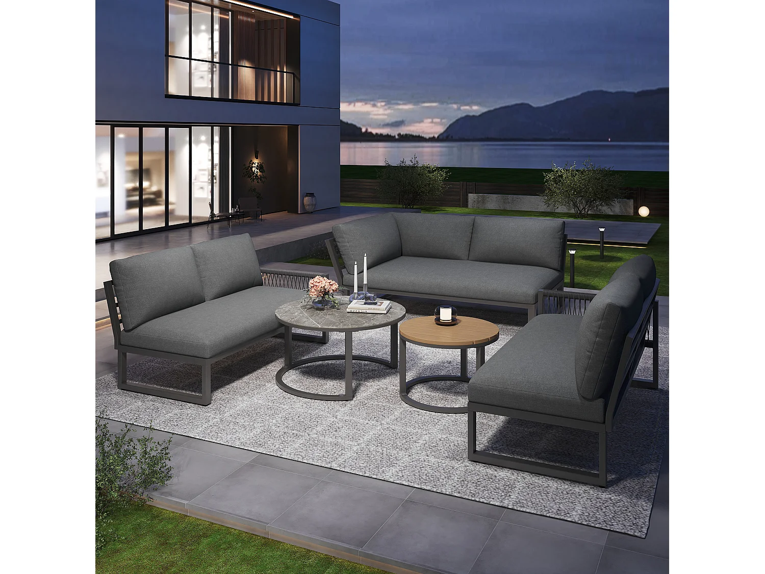 Salon de jardin moderne avec 3 canapés et 2 tables basses, gris