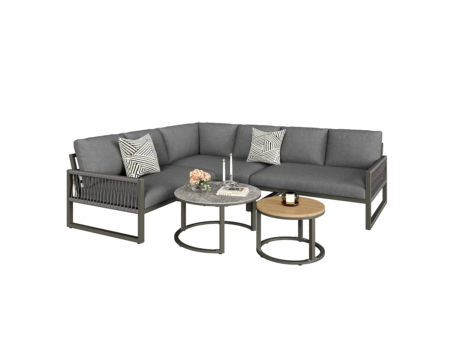 Salon de jardin moderne avec 3 canapés et 2 tables basses, gris