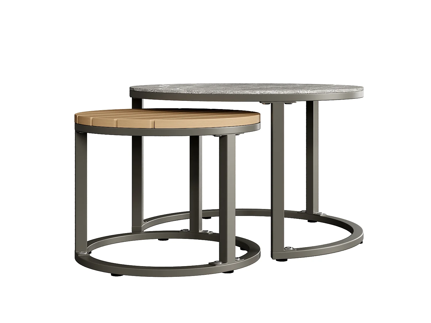 Salon de jardin moderne avec 3 canapés et 2 tables basses, gris