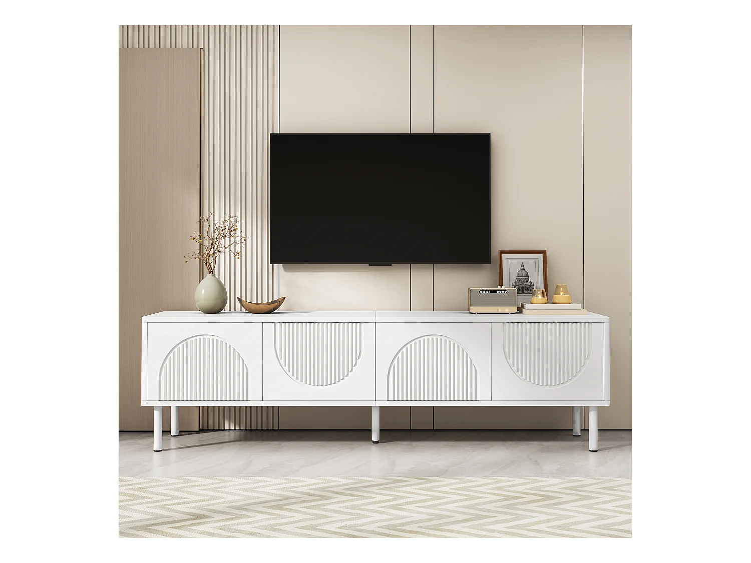 Meuble TV blanc moderne avec 4 portes et passe-câbles, 180 x 40 x 52 cm