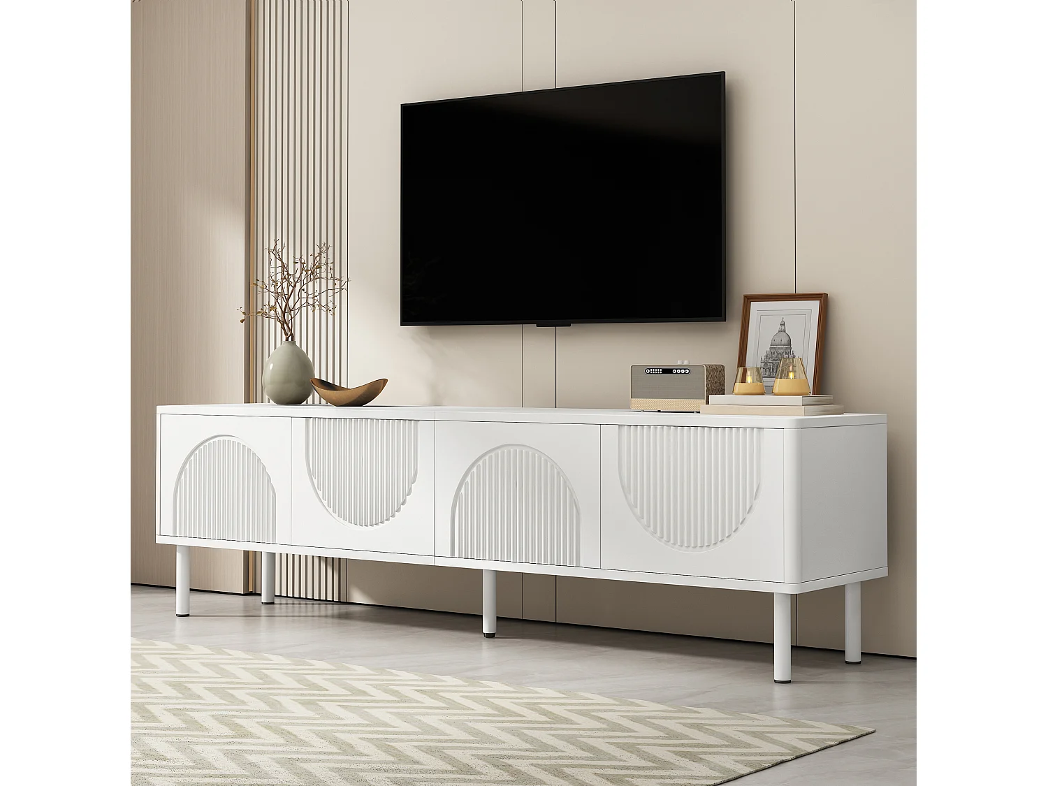 Meuble TV blanc moderne avec 4 portes et passe-câbles, 180 x 40 x 52 cm