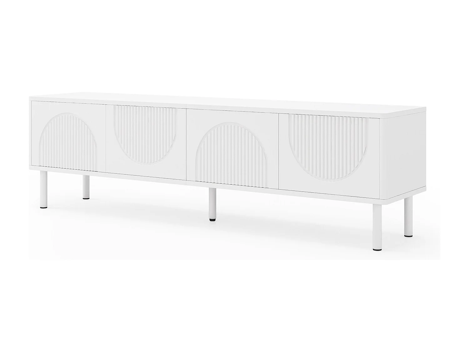 Meuble TV blanc moderne avec 4 portes et passe-câbles, 180 x 40 x 52 cm