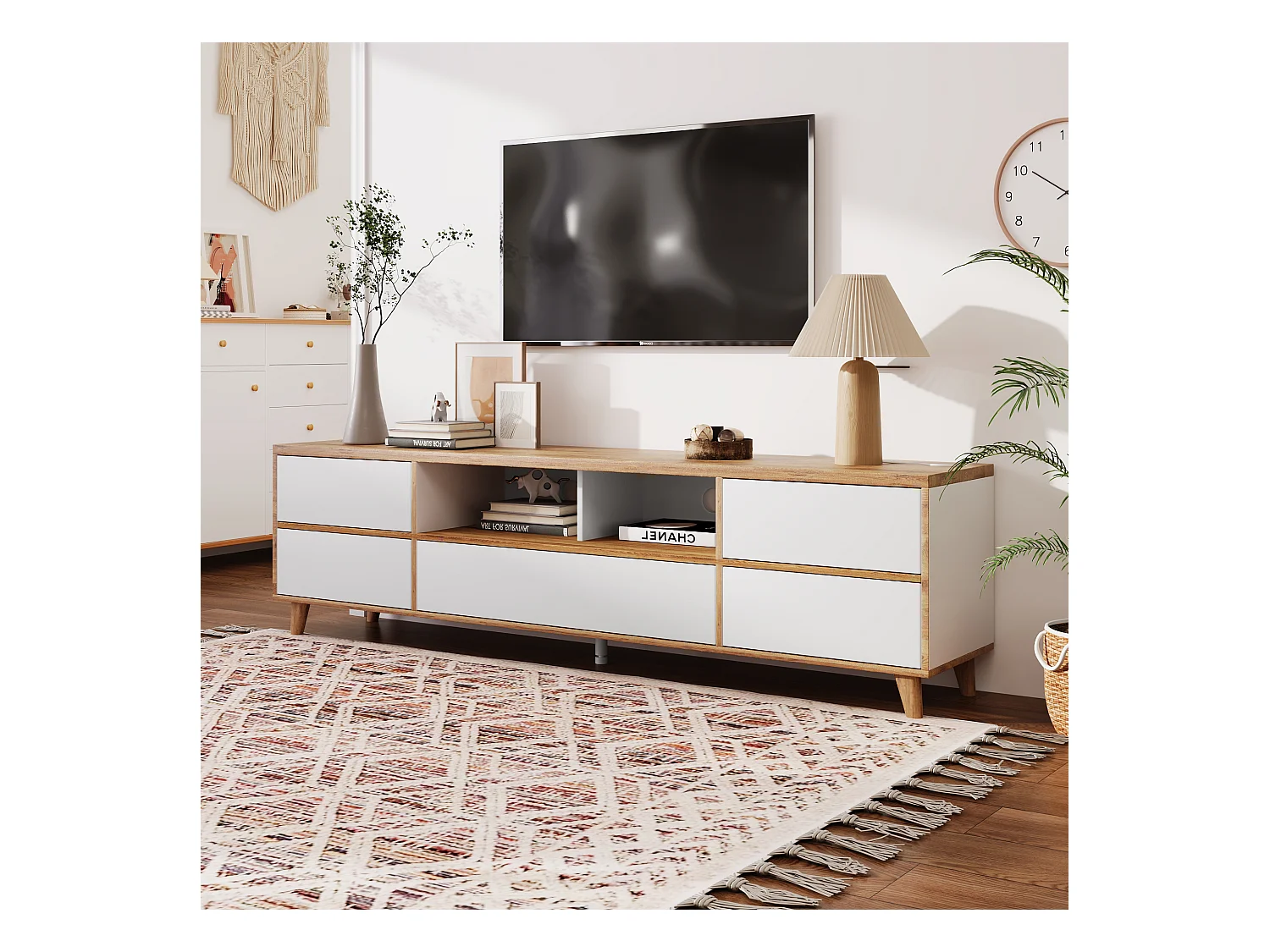 Meuble TV blanc et bois avec 5 portes, 175x37x51 cm, MDF