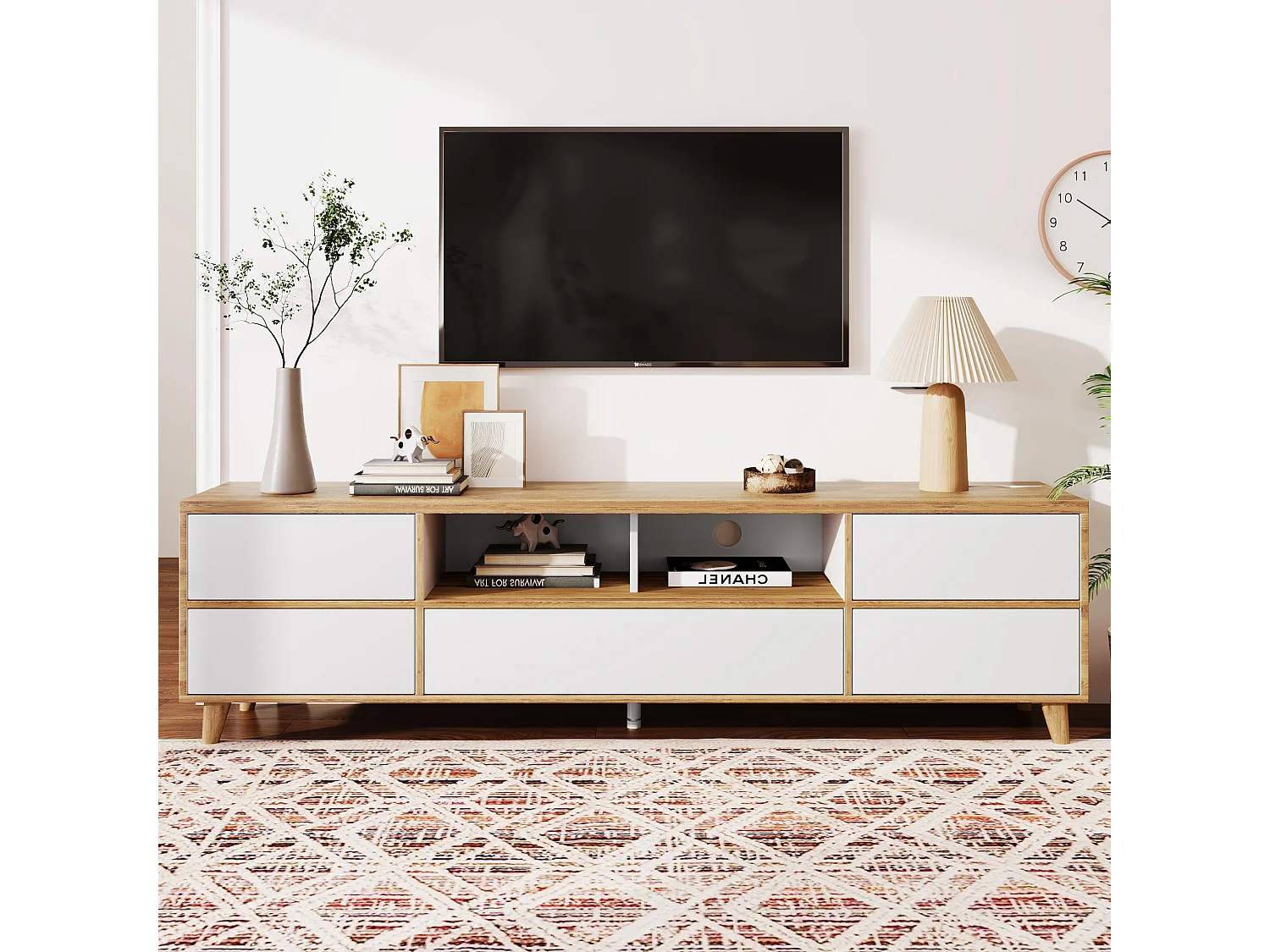 Meuble TV blanc et bois avec 5 portes, 175x37x51 cm, MDF