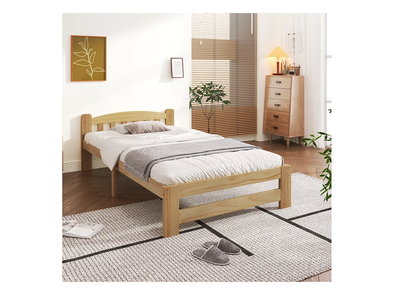 Cadre de lit simple naturel clair 90x200cm avec tête de lit et sommier à lattes, sans matelas