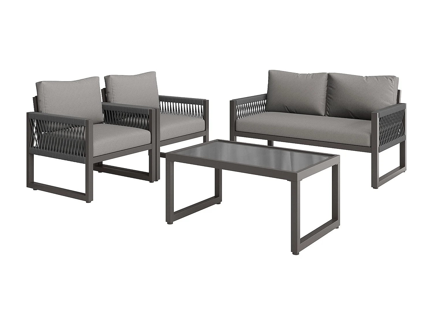 Conjunto de sofás de jardim cinzento com 1 sofá, 2 poltronas e 1 mesa com pernas ajustáveis