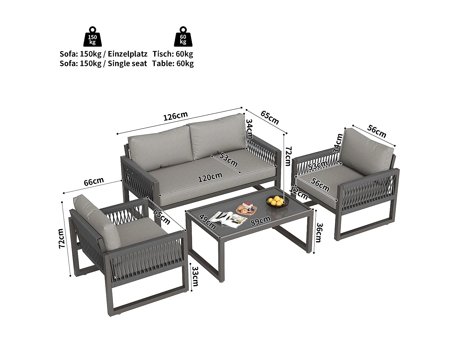 Conjunto de sofás de jardim cinzento com 1 sofá, 2 poltronas e 1 mesa com pernas ajustáveis